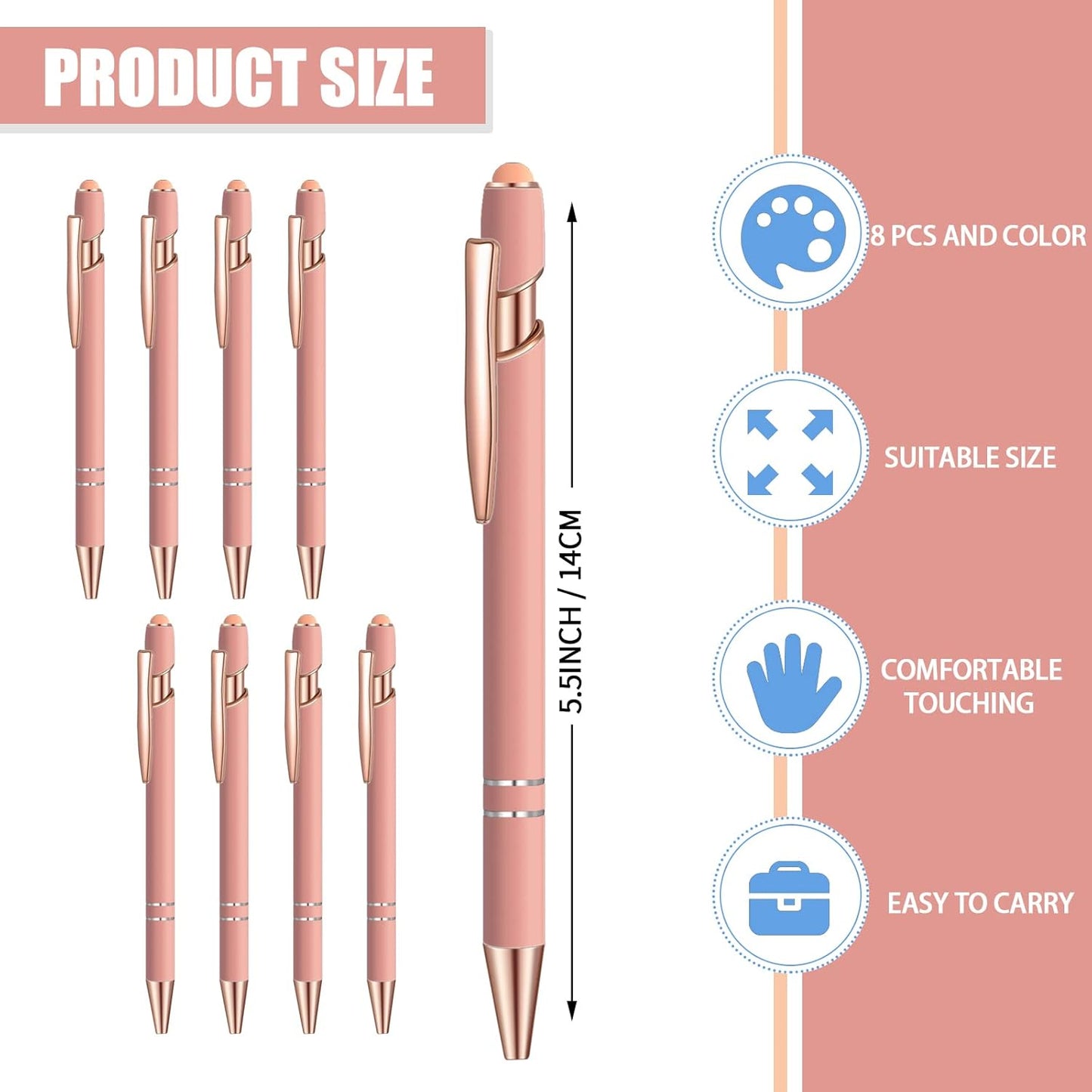 8 Pcs Blue Ink Ballpoint Pen with Stylus Tip 2 in 1 Stylus Ballpoint Pen Metal Pens Stylus Pen for Touch Screens School Office Coworkers (Pink Rose Gold)