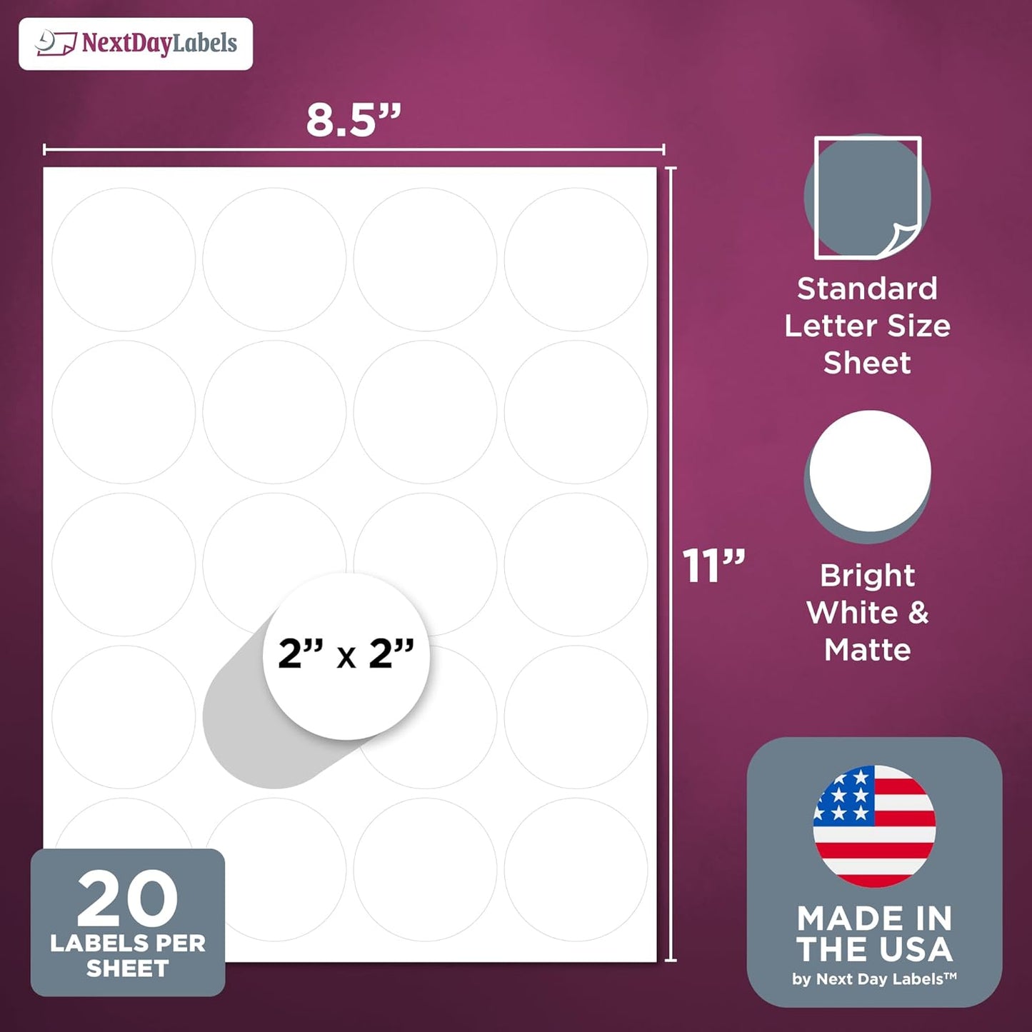 NextDayLabels - 2 Inch Round Labels - Round Sticker Labels for Printer - Matte White Blank Laser/Inkjet Printer Labels - Circle Stickers Printable Labels (50 Sheets, 20 Per Sheet, 1000 Labels)