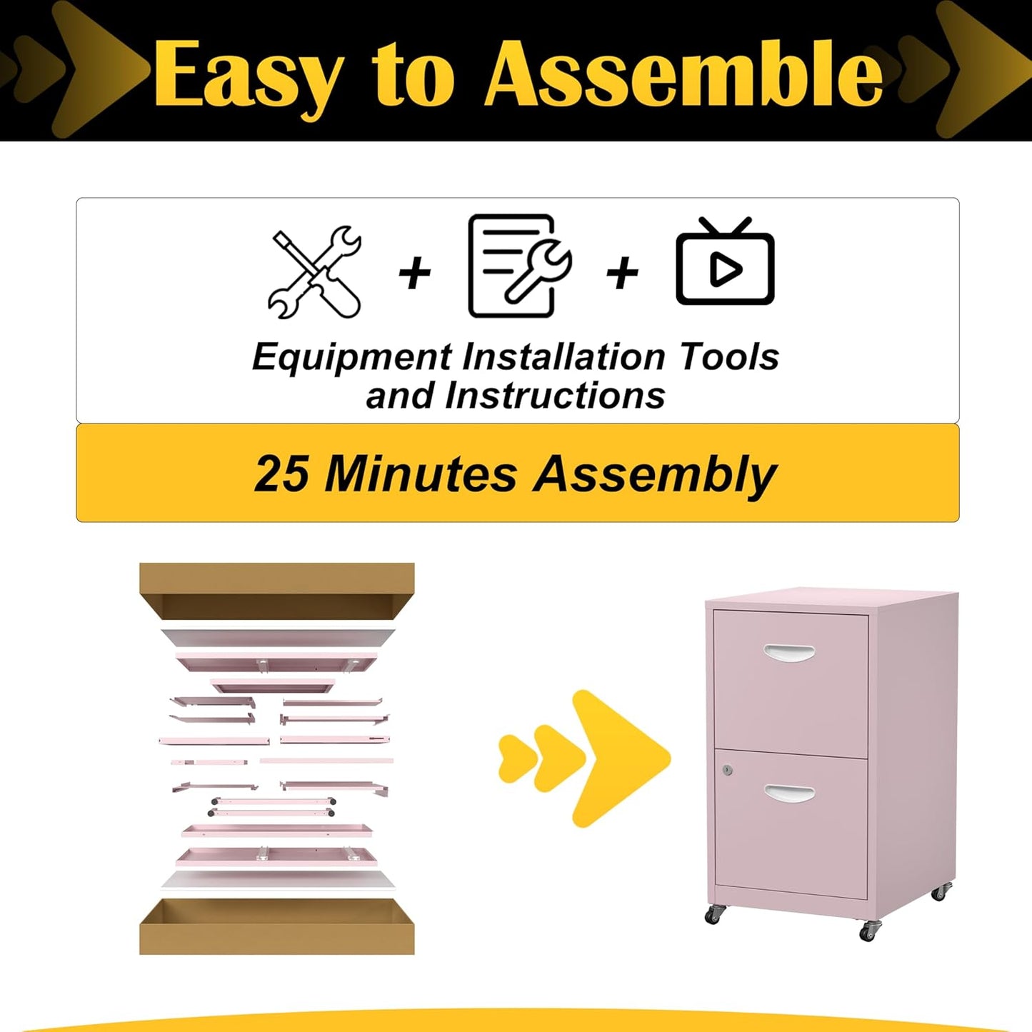 2 Drawer File Cabinet with Lock，Pink Rolling File Cabinet for Home Office, Metal Small Mobile Filing Cabinets on Wheels for Hanging Letter