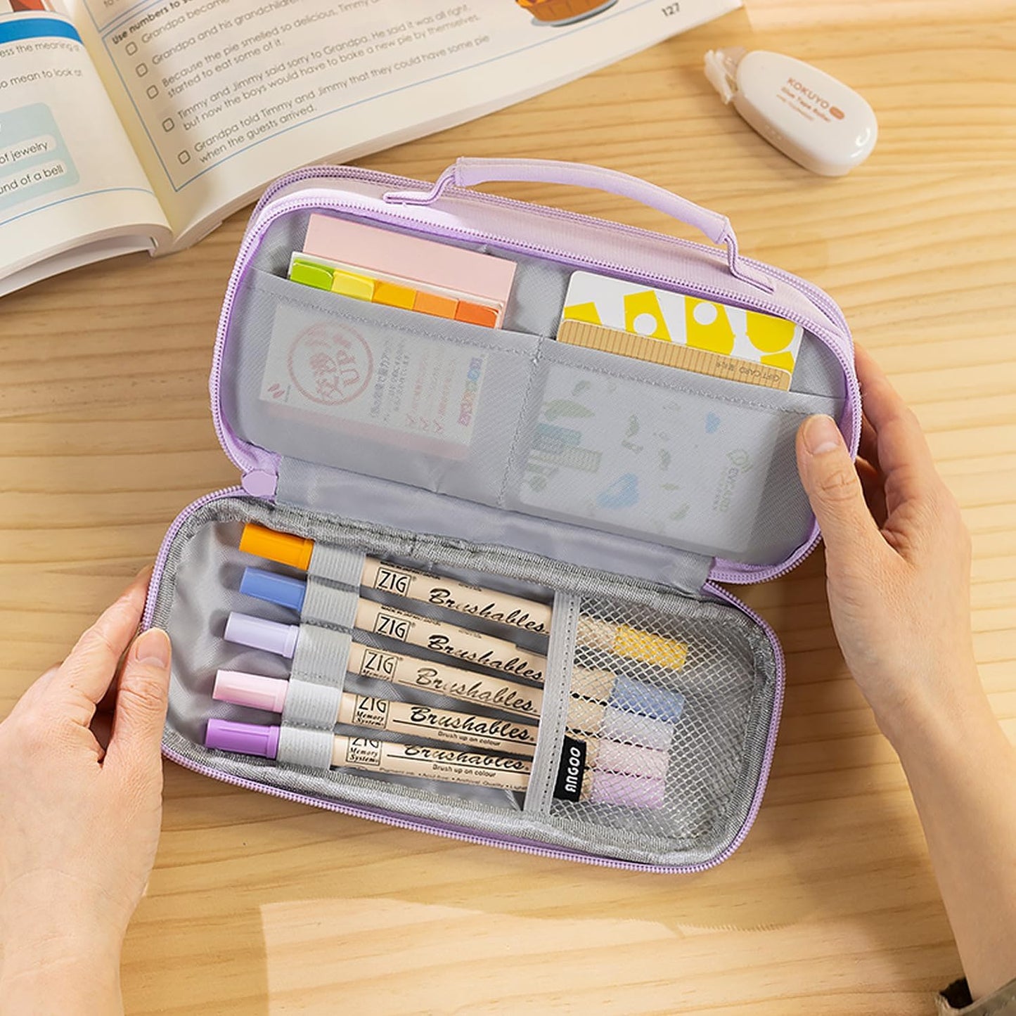 MAMUNU Pencil Case Large Capacity with 3 Compartments, Pencil Case Pouch Bag with Zipper Handle Portable Pen Stationery Organizer for Teen Girls Adults College School Office Travel, Purple