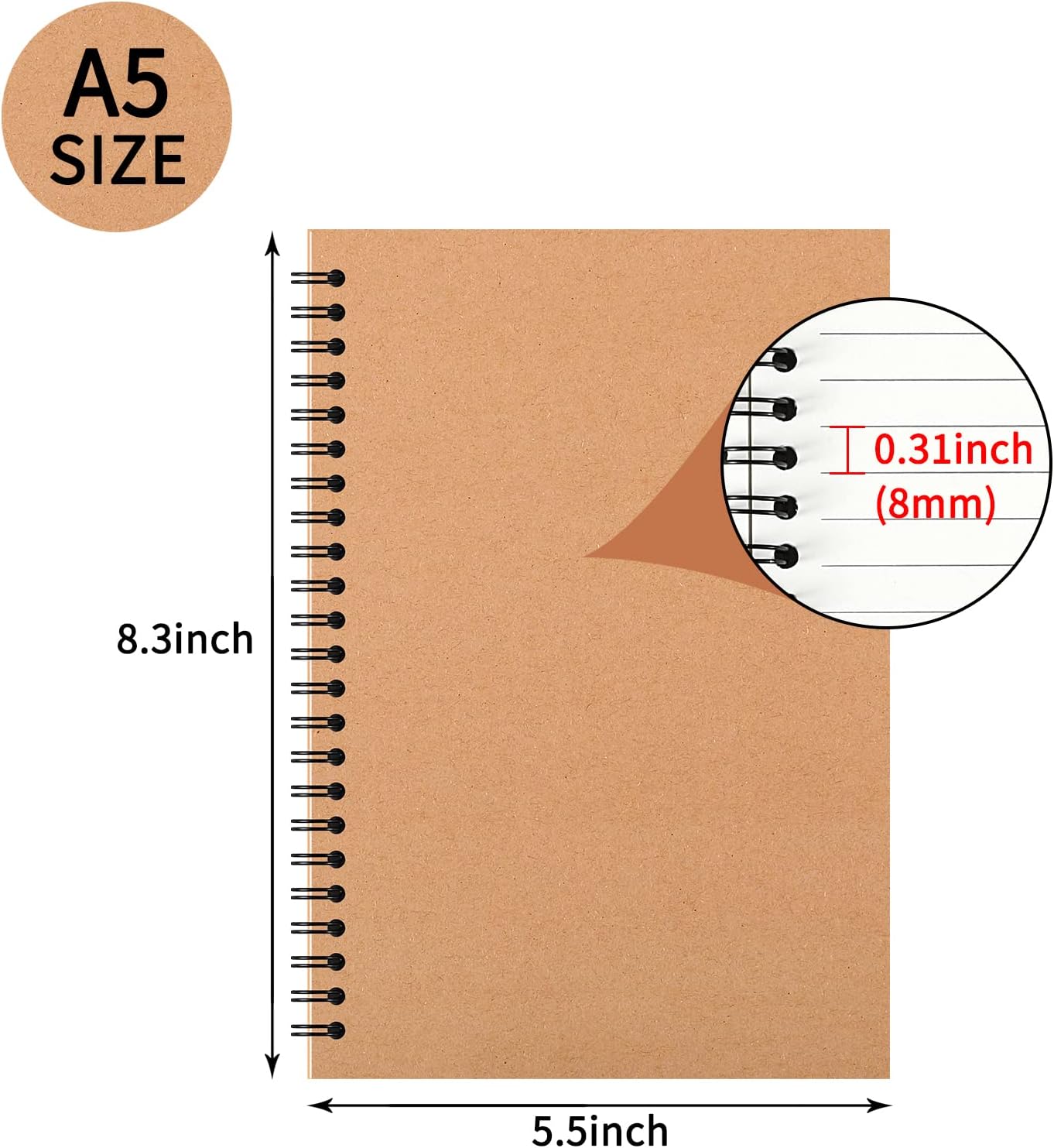 6 Pcs A5 Spiral Notebooks Journal with Kraft Cover, 5x8 Inches, Ruled Lined Paper, for Work, Sketches, Study, Notes Taking, Gifts, Brown (6 PCS(Lined))