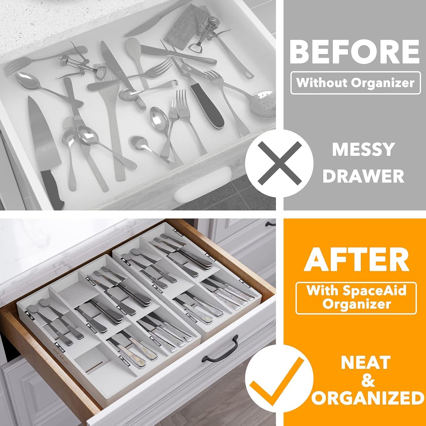 SpaceAid Bamboo Silverware Drawer Organizer with Labels, Kitchen Utensil Tray Holder Organizer for Flatware, Cutlery, Spoon and Knives Drawer Storage Organization (White, 6 Slots)