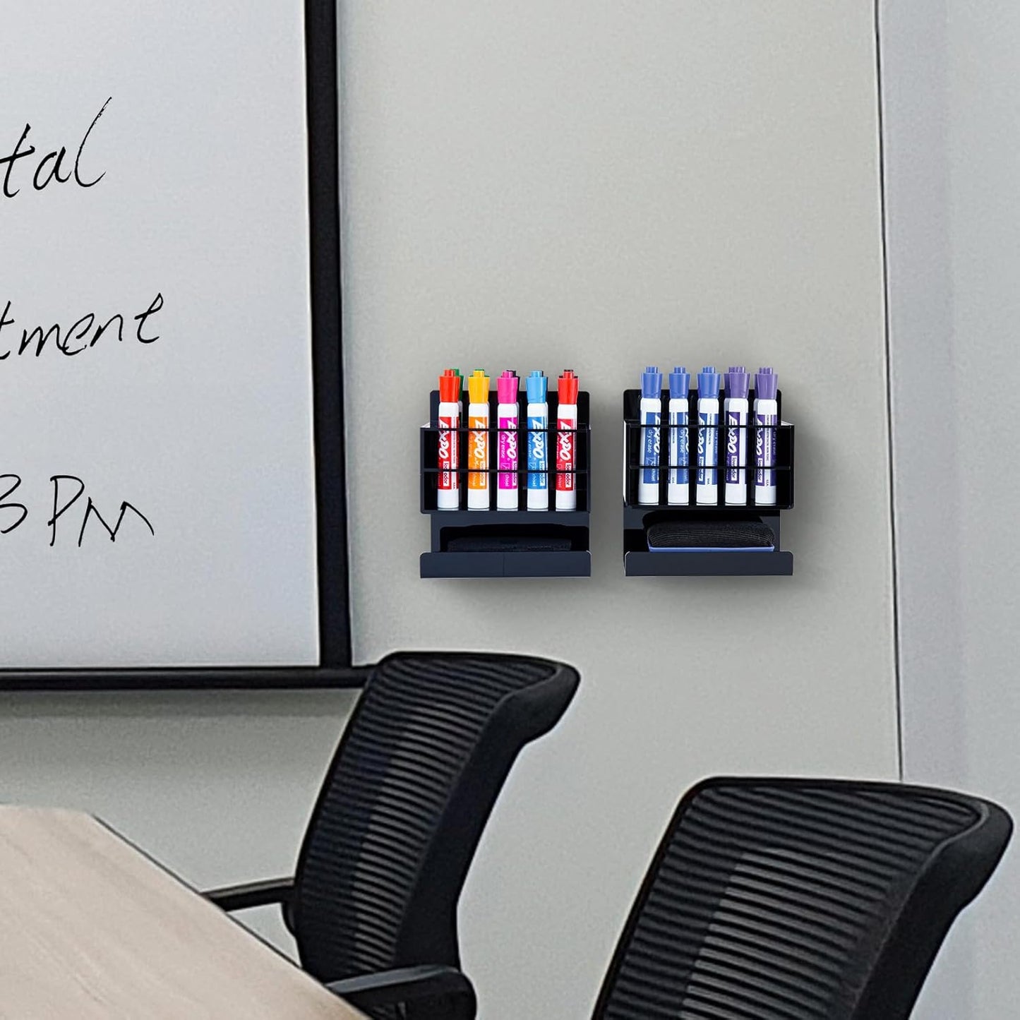 MyGift Wall Mounted Dry Erase Whiteboard Marker Holder Stand with 10 Marker Slots and Eraser Holder, Black Set of 2