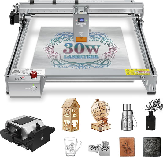 LASER TREE Laser Engraver, 30000mW（30W）Output Power Laser Engraver Machine with Air Assist Pump, High Precision Laser Cutter and Engraver for Wood & Metal Paper Acrylic Glass Leather etc，Class 4