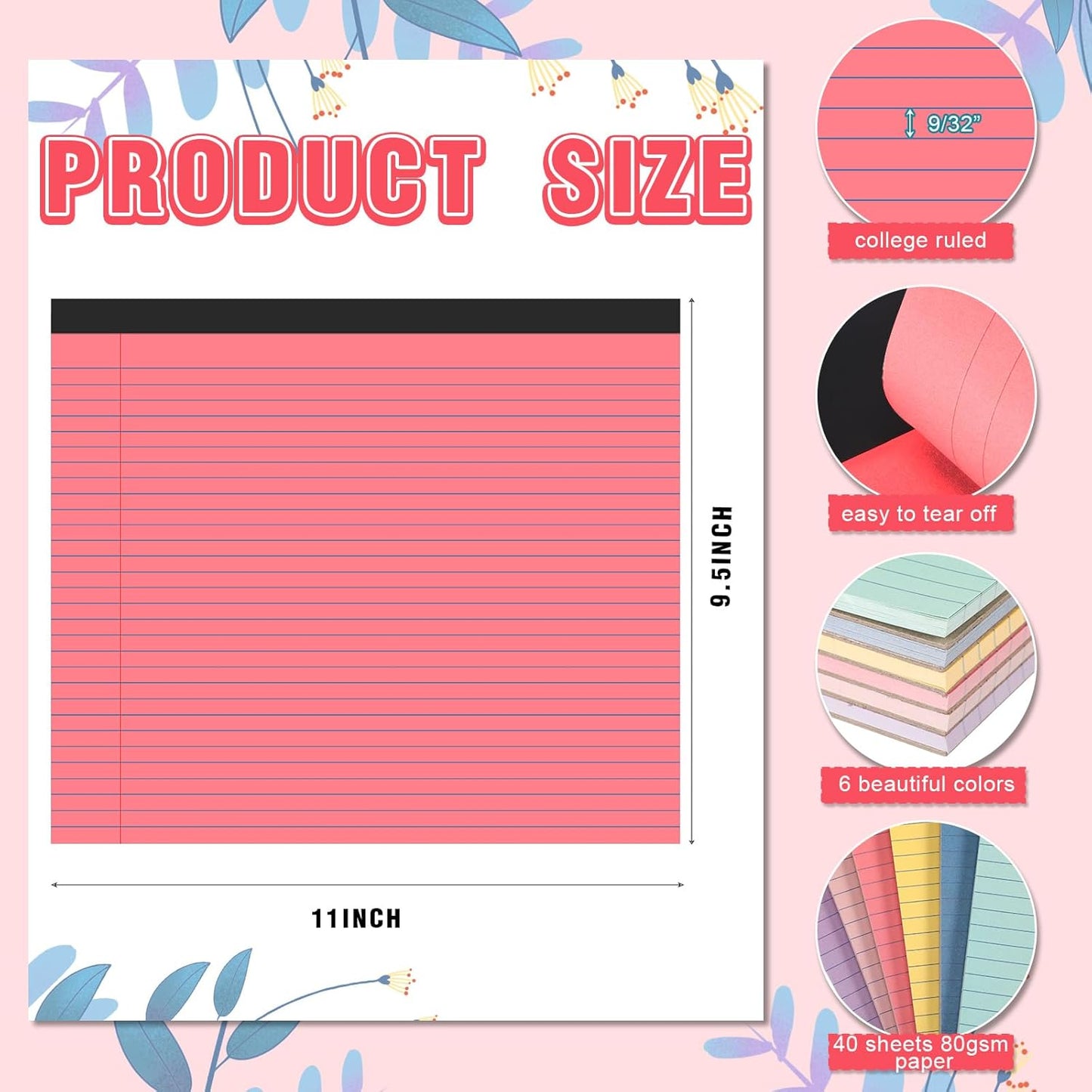 Lincia 6 Pcs 11" x 9.5" Legal Pads College Ruled Notepad Landscape Notebook Horizontal Lined Notebook 80 Gsm Assorted Colors Paper Pastel Writing Pads for School Office, 40 Sheet (Childish Color)