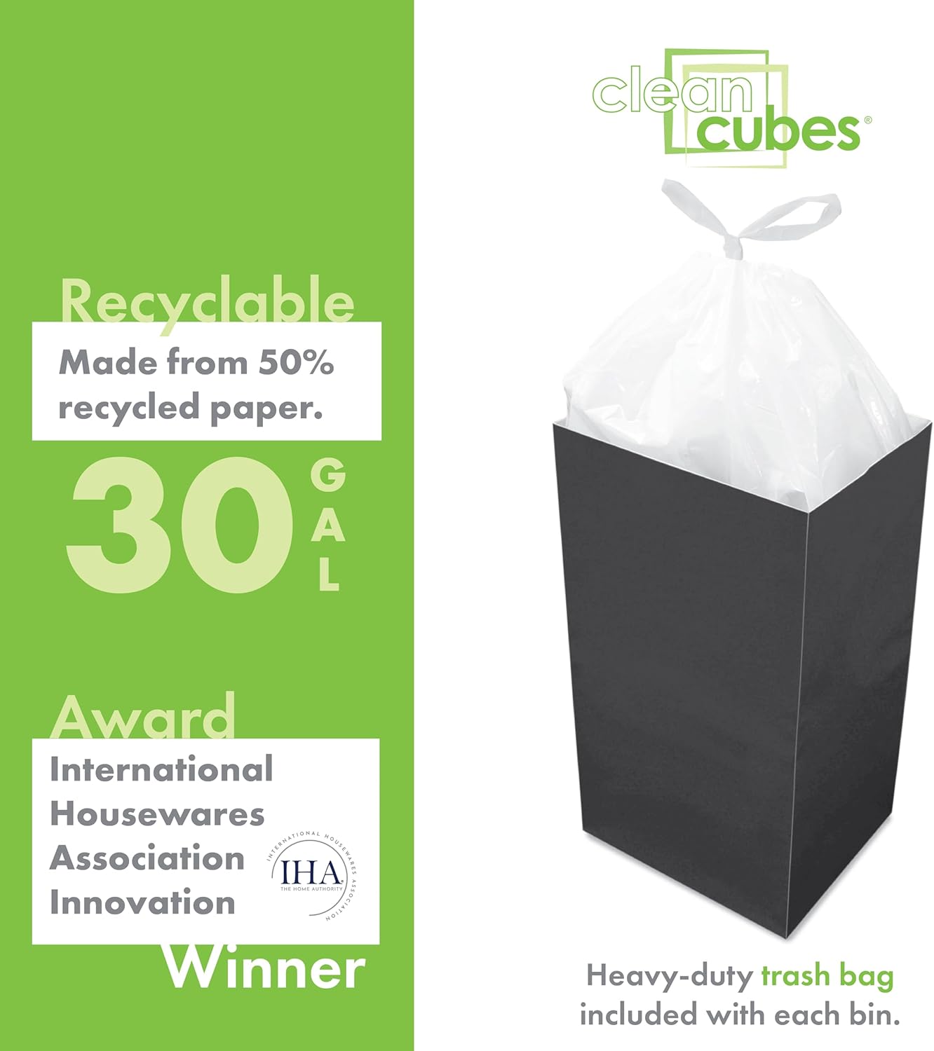 | 30 Gallon Disposable Trash Cans (3-Pack) with Fitted Trash Bags - Reusable Garbage and Recycling Bins for Parties, Events, and More (Black - 30” Height x 17” Width x 14” Depth)