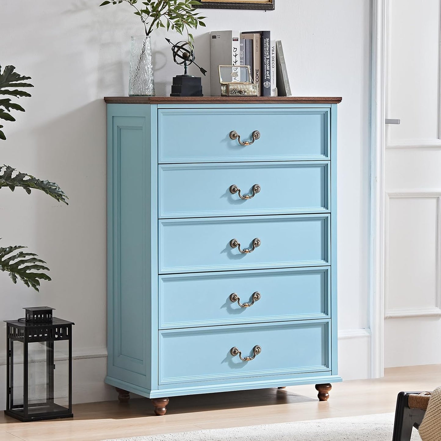 Farmhouse 5 Drawer Dresser Set of 2 for Bedroom, 45" Tall Vintage Chests of Drawers w/ 4 Solid Wood Feet, Mid Century Rustic Closet Storage Dressers Organizer for Living Room, Light Blue