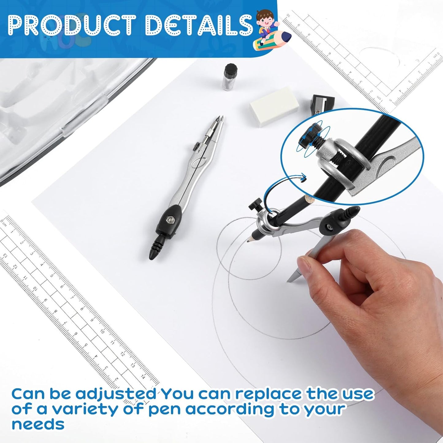 Teling 12 Sets Math Geometry Kit for Students 10 Pcs Compass Geometry Tools Set Includes Rulers Protractor Compass Eraser Pencil Sharpener Lead Refills Pencil (Black)