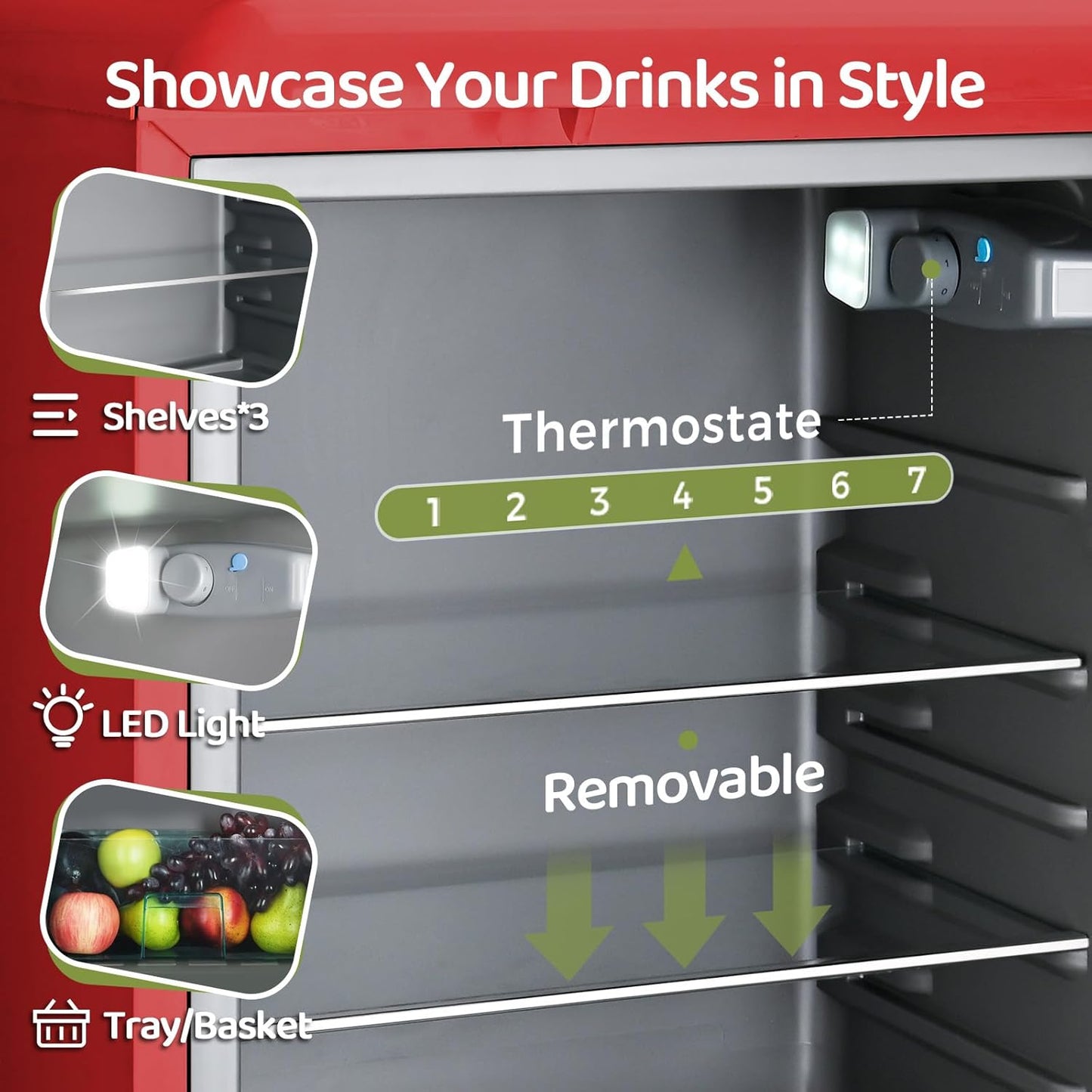 4.9 Cu.Ft Retro Small Beverage Refrigerator Cooler with Double Tempered Glass Door, 120 Can Wine Drink Beer Mini Fridge for Office Bedroom Bar with 7 Temperatures, Adjustable Shelves, Red