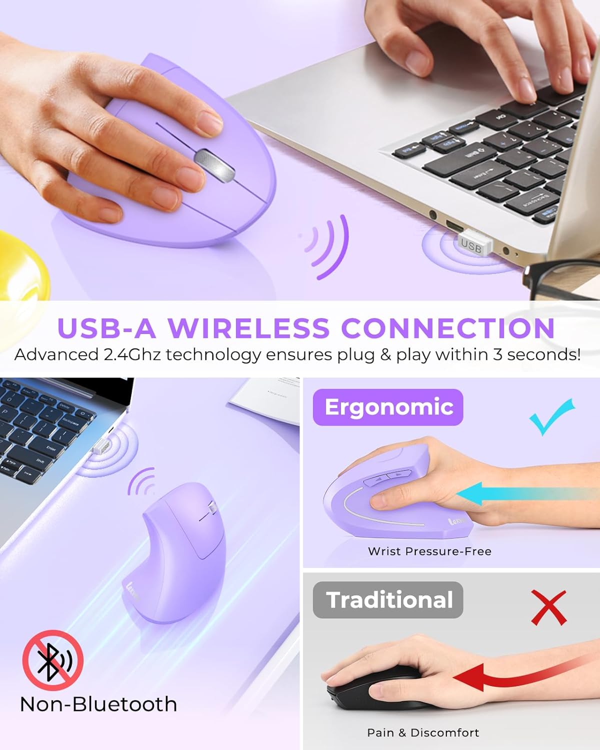 Lekvey Ergonomic Mouse, Vertical Wireless Mouse, Rechargeable 2.4G Optical Carpal Tunnel Mice with USB Receiver: 1000/1200 / 1600 DPI, 6 Buttons, for Laptop, Computer, PC, Desktop, Light Purple
