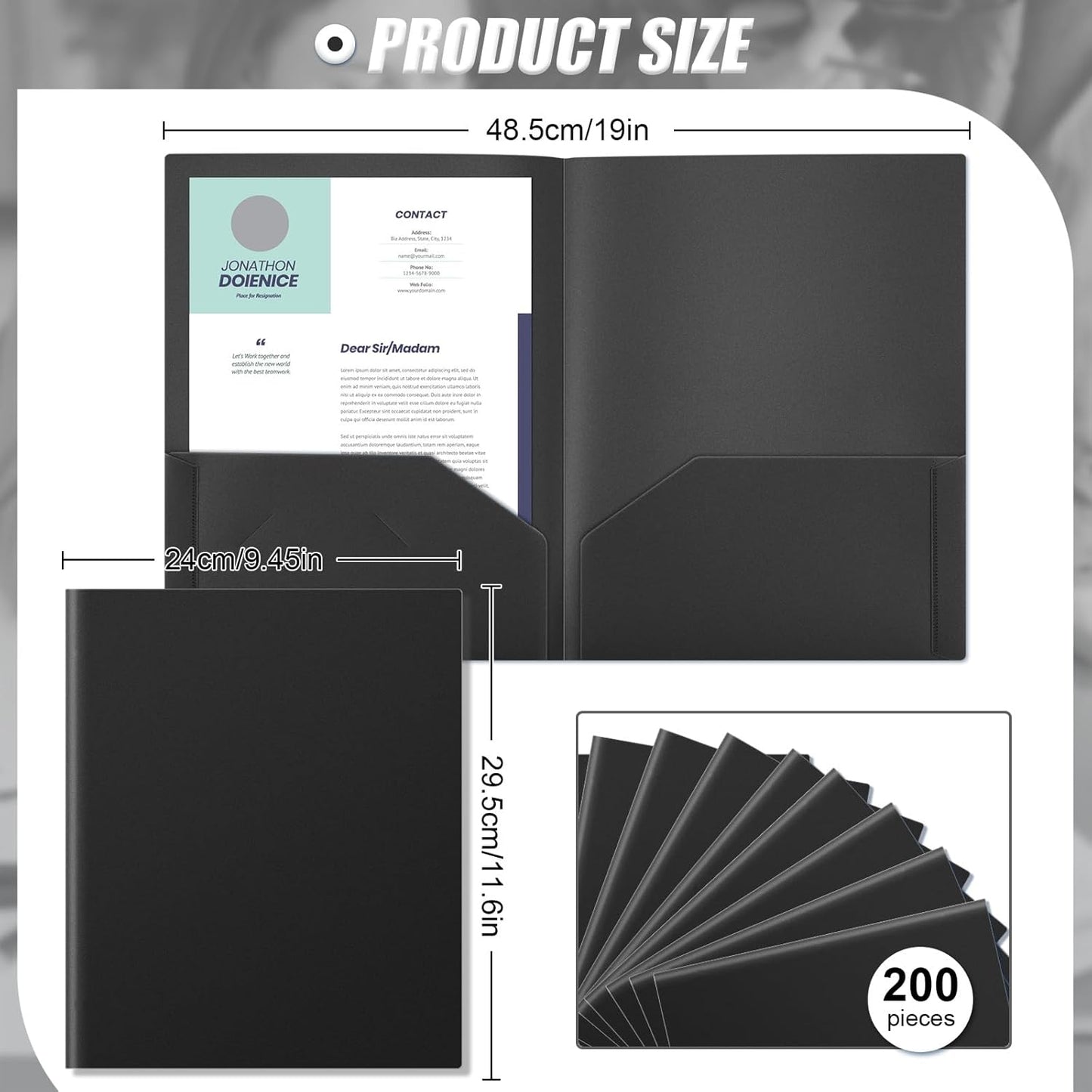 Gueevin 200 Pcs Two Pocket Folders Bulk Plastic File Folder with 2 Pockets Letter Size Paper Heavy Duty Durable Portfolios Case for Home Office School Business 11.61 x 9.45 Inch (Black)