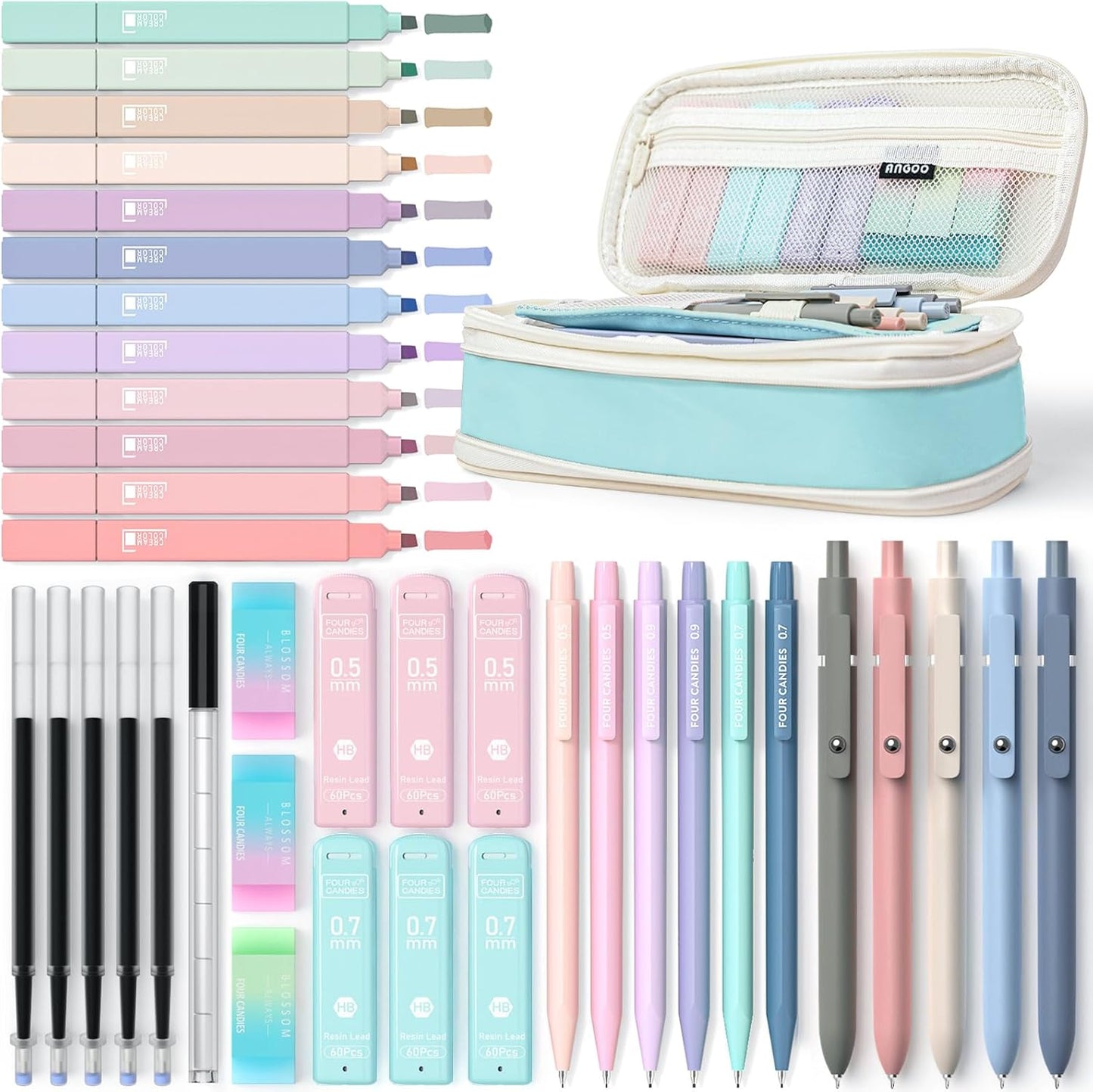 Four Candies 39 PCS Aesthetic School Supplies with Cute Pen Case, 12 Pastel Highlighters, 5 Black Ink Gel Pens, 6 Mechanical Pencils Set 0.5 & 0.7mm for Students Stationary College Essentials (Blue)