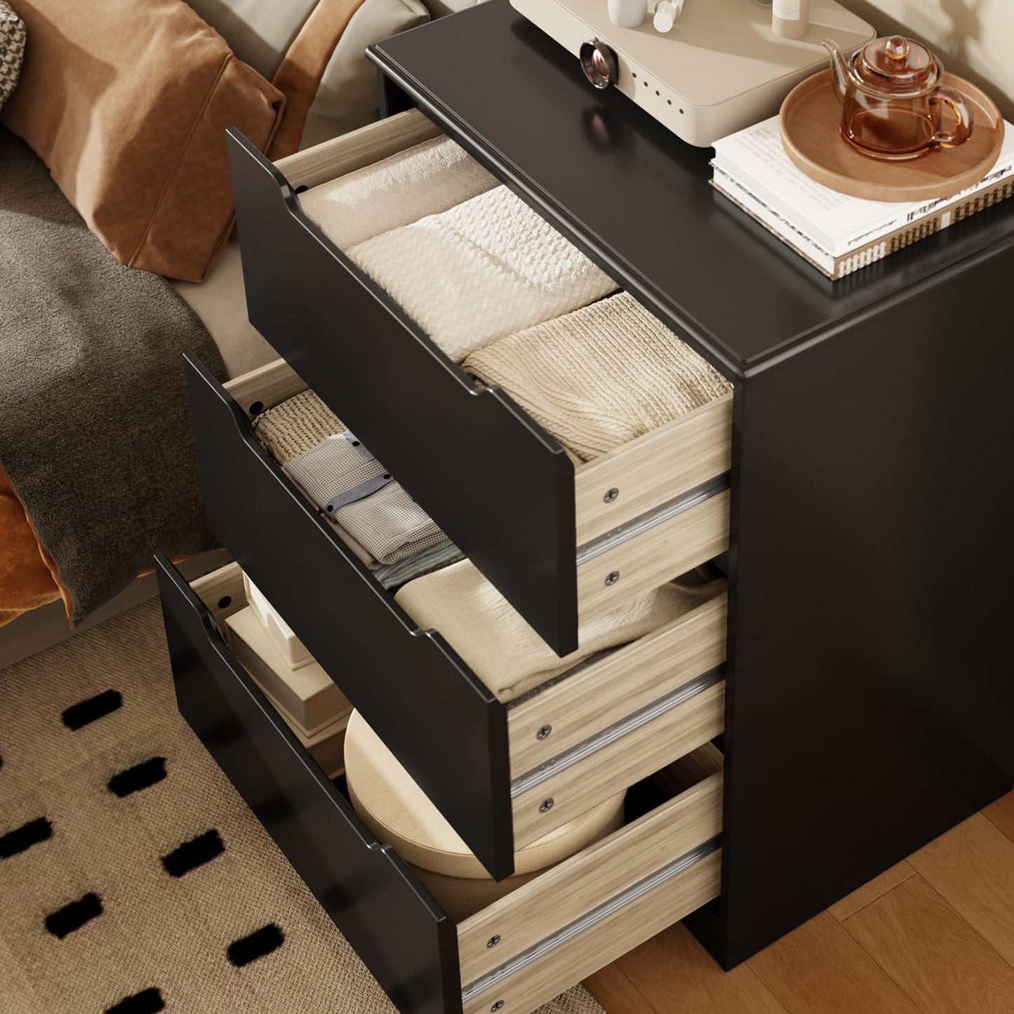 Gizoon 3 Drawer Chest, Chest of Drawers for Bedroom, Storage Organizer with Large Storage Space,Anti-Tip Device and Recessed Handles, Black