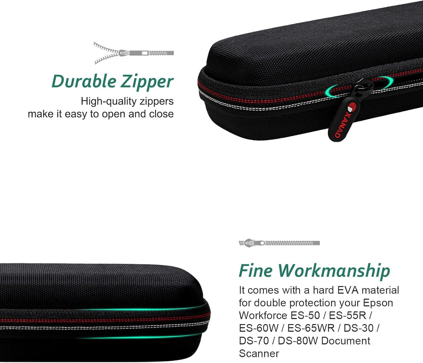 XANAD Black Case for Epson Workforce ES-50 / ES-55R / ES-60W / ES-65WR / DS-30 / DS-70 / DS-80W Document Scanner (Case Only)