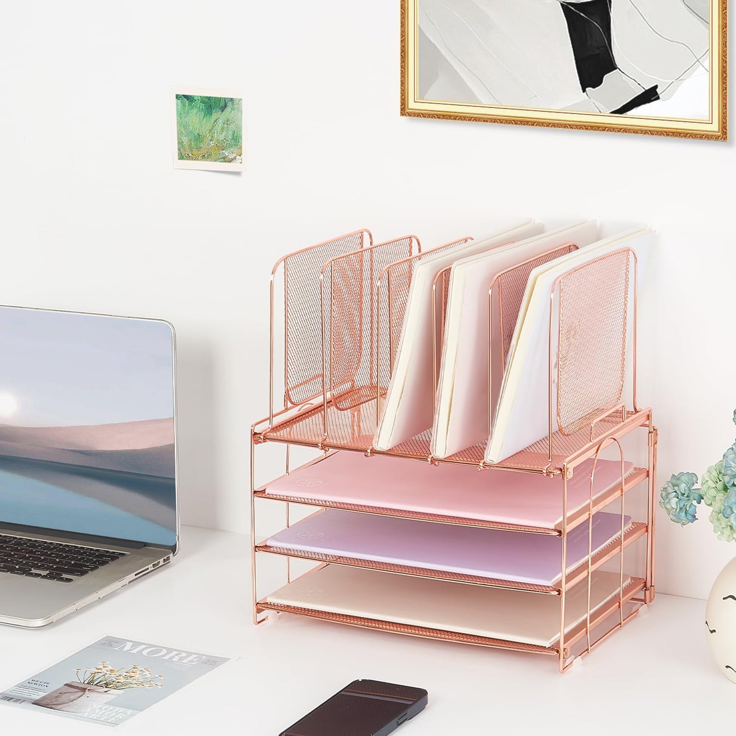 Desk Organizers and Accessories, 3-Tier Paper Organizer with 5 Vertical File Holders, File Organizer for Desk (Rose Gold, 3T)