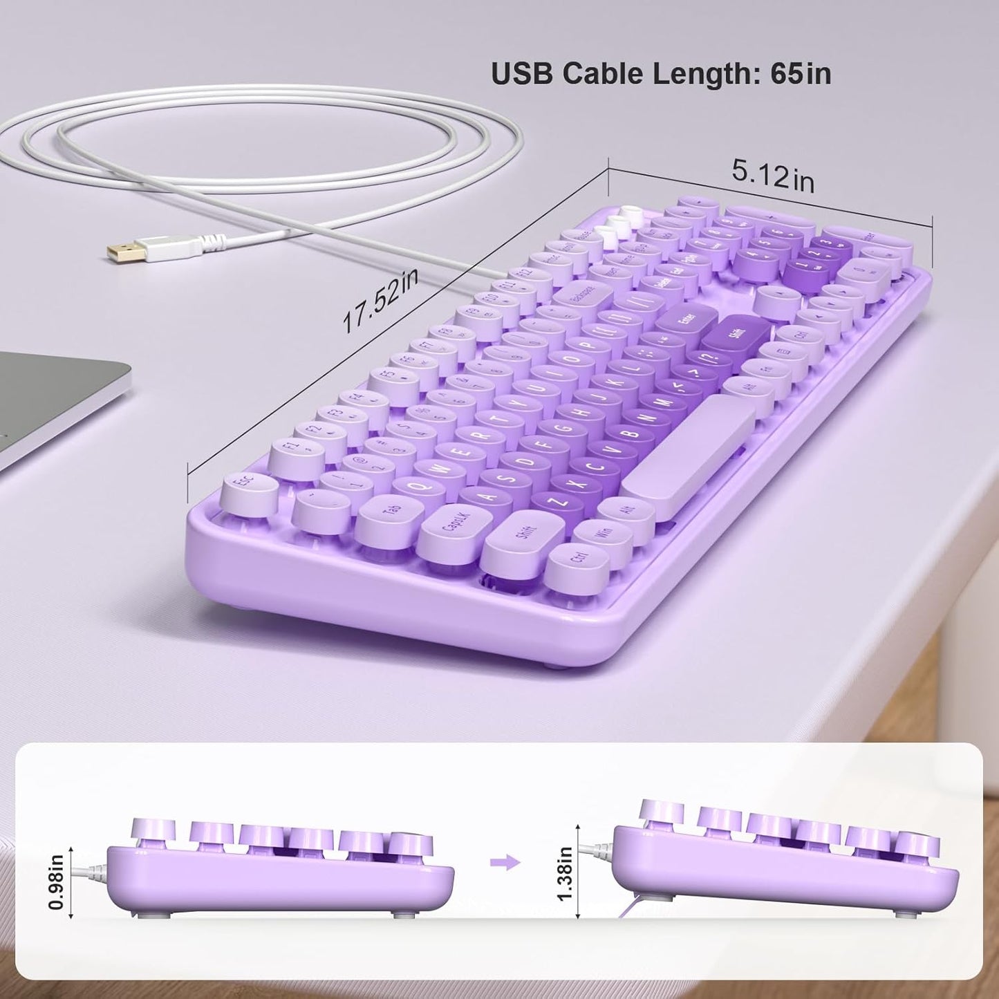 MOFII Keyboard Wired Large Print, Computer Keyboard Plug Play, Colorful Retro Round Typewriter Keyboard with Numeric Keypad and Media Hotkey for Windows PC Laptop (Pale Purple)