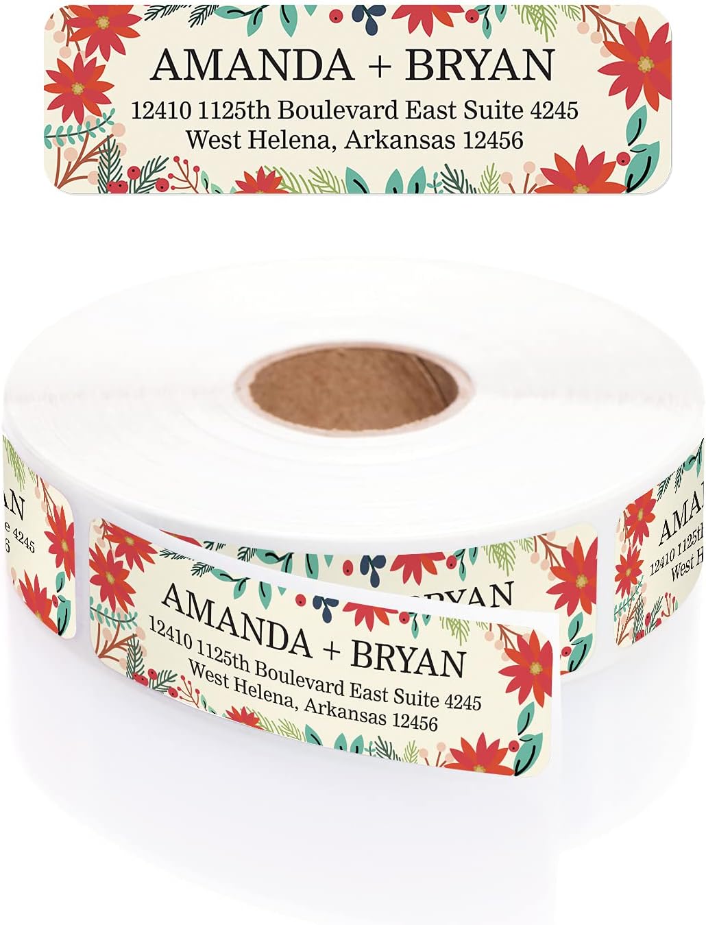 Ivory Holiday Floral Rolled Address Labels/Roll of 250 Personalized Return Address Labels/Designer Return Address Stickers in Elegant Plastic Dispenser