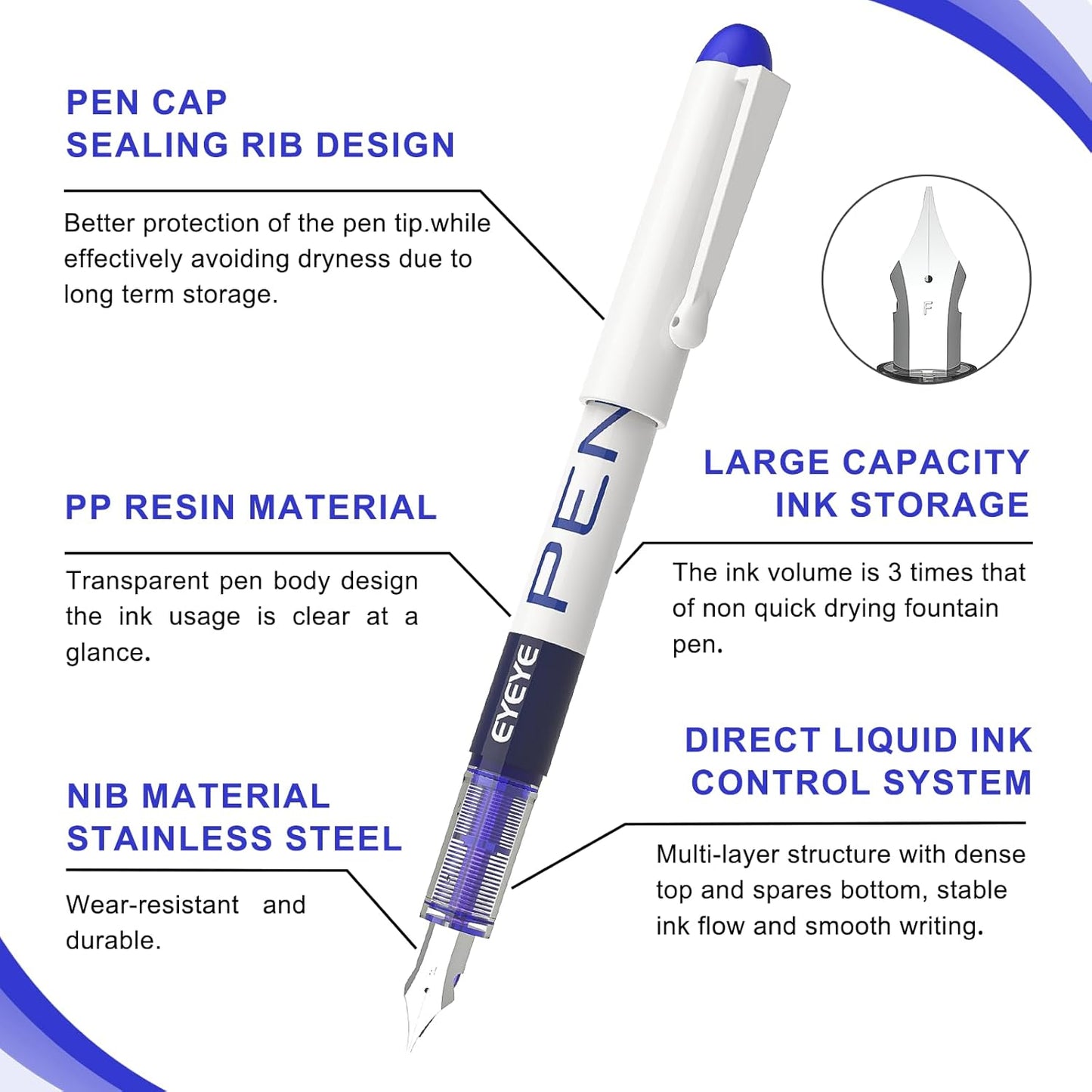 EYEYE Fountain Pens for Writing, 8 Pack Assorted Colors Fine Point Disposable Fountain Pens Stainless Steel Nib, Smooth Writing for Calligraphy, Journaling, Drafting, Sketching, Doodling & Gifts