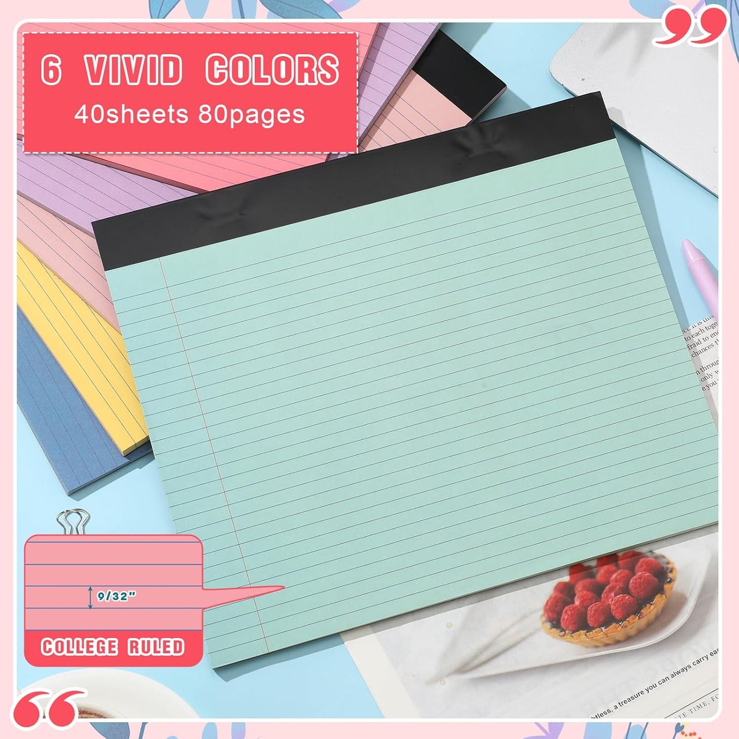 Lincia 6 Pcs 11" x 9.5" Legal Pads College Ruled Notepad Landscape Notebook Horizontal Lined Notebook 80 Gsm Assorted Colors Paper Pastel Writing Pads for School Office, 40 Sheet (Childish Color)