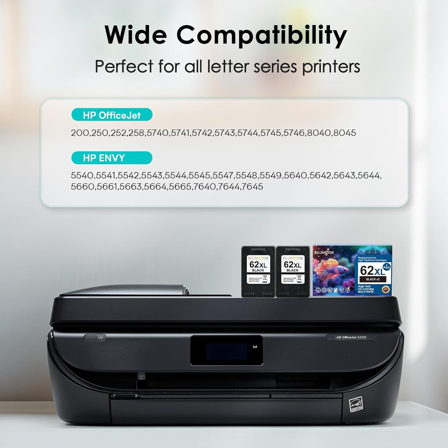 EcoVictor Remanufactured 62XL Ink Cartridges (2 Black) Compatible for HP Ink 62 62XL HP62 for Envy 5540 5542 5545 5640 5642 5660 5665 7640 7645 OfficeJet 5740 5742 5745 8000 8040 200 250 Printer 62 XL