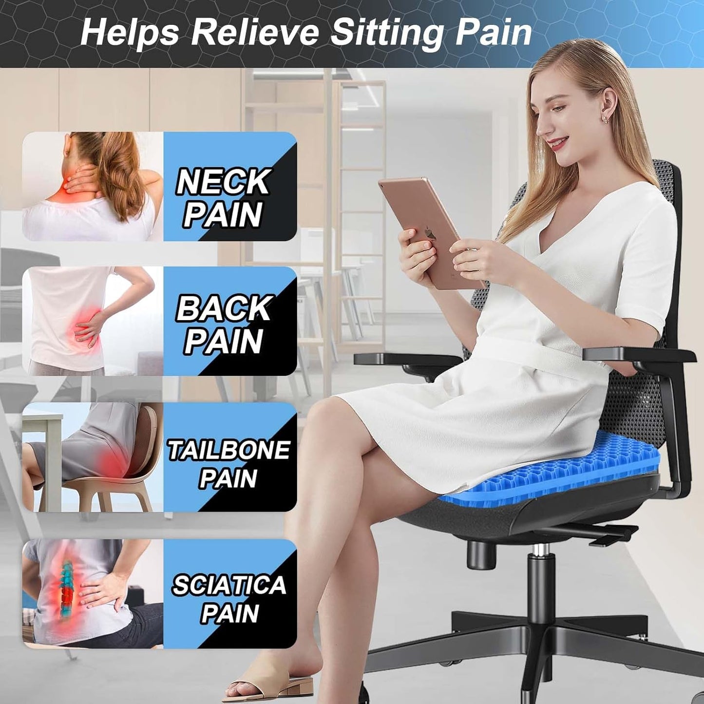 Seat Cushion, Gel Seat Cushion for Long Sitting– Back, Sciatica, Tailbone Pain Relief Pad, 19in Seat Pad for Car, Office Chair, Wheelchair, Soft Support for Long Trips