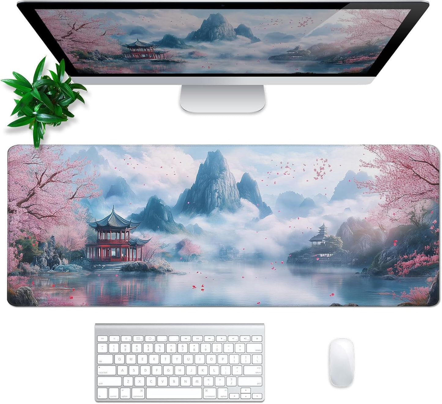 Cherry Blossom Watercolor Mouse Pad Abstract Big Mouse Pad 31.5x11.8 Inch Landscape Texture Non-Slip Rubber Base Large Mousepad Stitched Edges Keyboard Mouse Mat Desk Pad for Office and Home