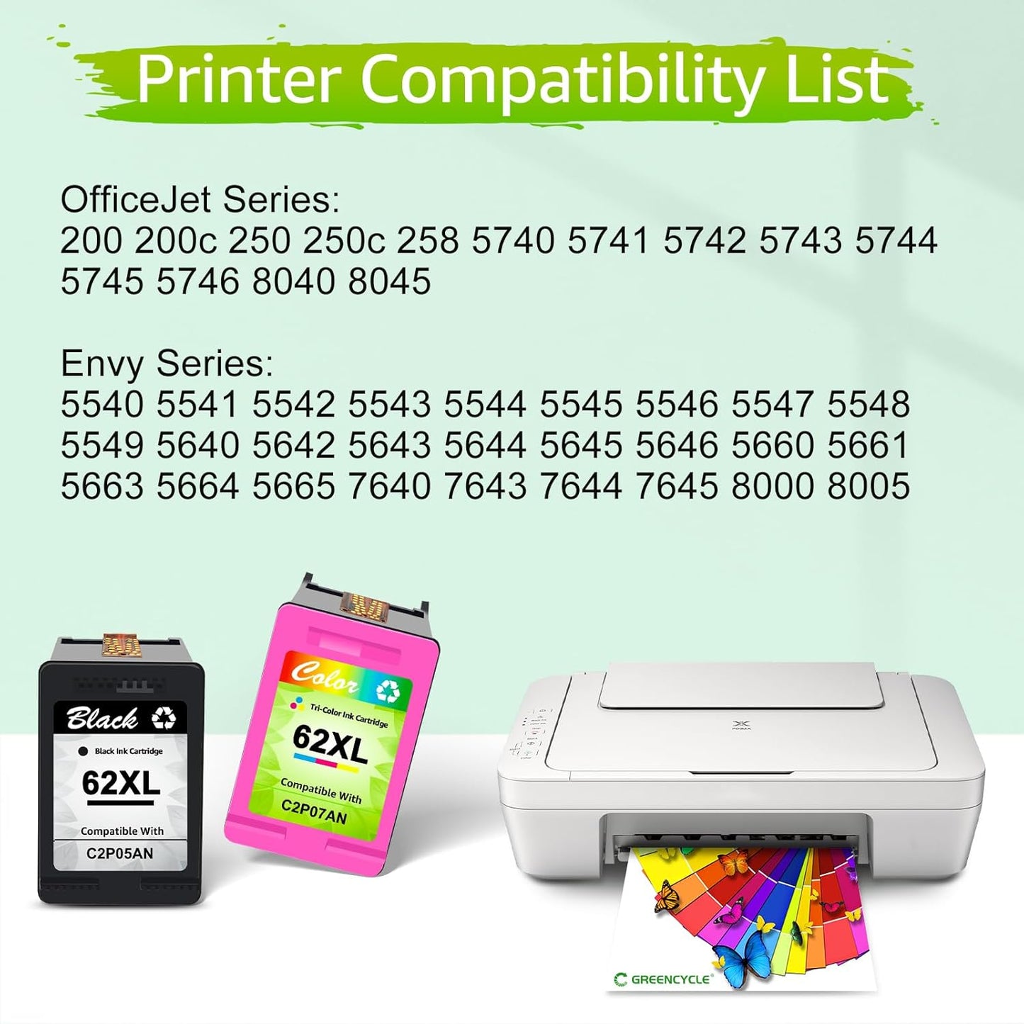 greencycle 62XL Remanufactured Ink Cartridges Combo Pack Replacement for HP 62 XL C2P05AN C2P07AN Compatible for Envy 5540 5660 7640 7645 Officejet 200 2250 5740 8040 (1 Black 1 Color)