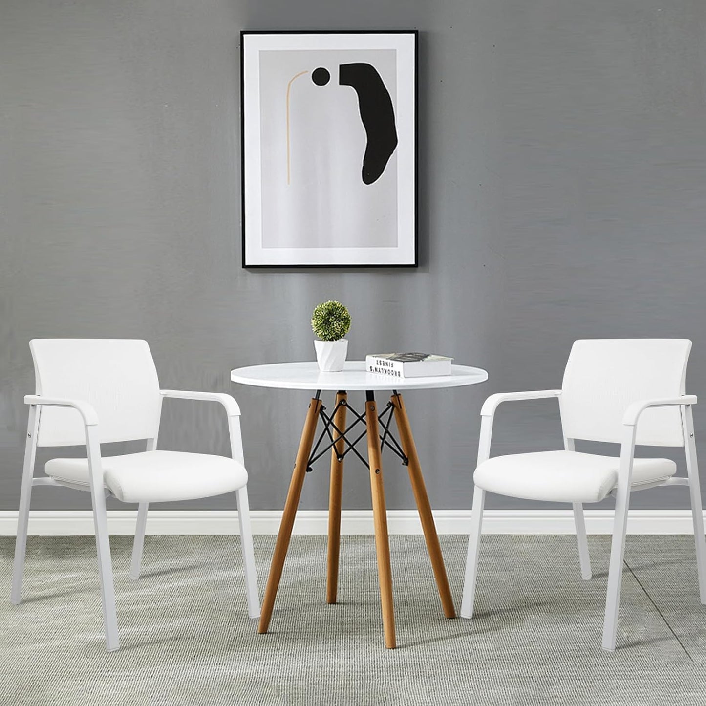 CLATINA Stacking Office Chairs | Mesh Back, Thicken Leather Seat and Arms, Ergonomic Lumber Support | Guest Reception, Waiting, Conference, School, Party, Customer, Side, Stationary | Set of 8, White