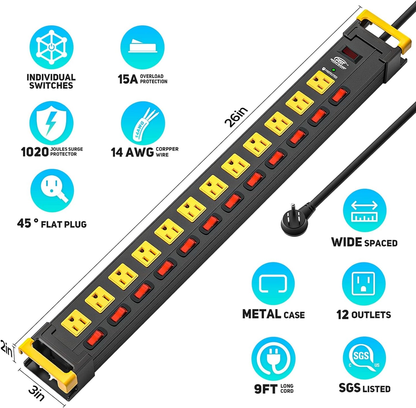 CRST 12 Outlets Long Power Strip, 9 FT Cord Metal Wall Mount Surge Protector Power Strip with Individual Switches and Cord Manager, 1020J, 15Amp/1875W for Garage,Workshop, Office, Home