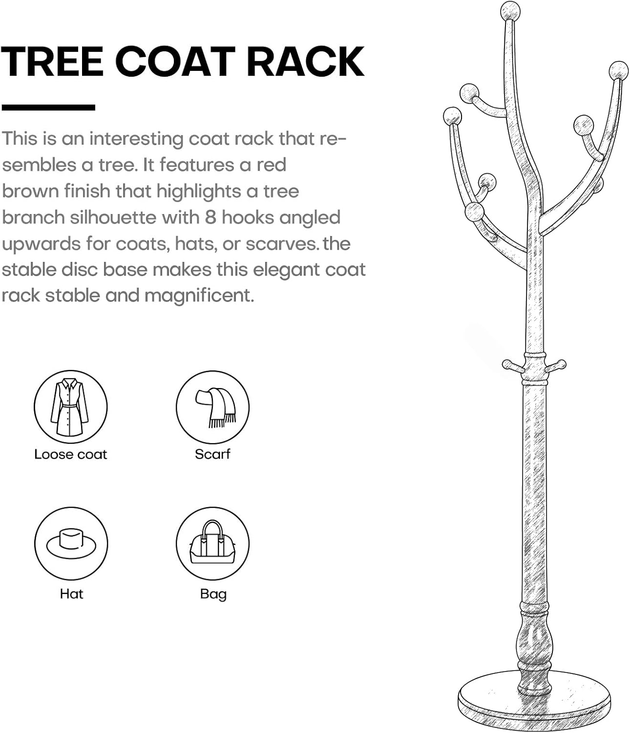 Tree Coat Rack Freestanding with Round Base, Unique Coat Hanger Stand, Heavy Duty Standing Coat Rack Clothes Stand for Winter Jacket, Hat, Entryway/Hallway/Bedroom, Red Brown