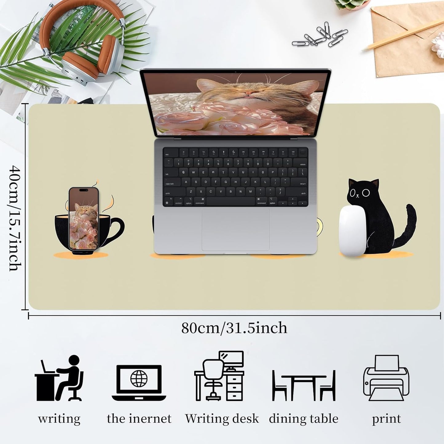 Bloss Leather Mouse Pad,Beige Anime Large Desk Pad,Cute Kawaii Cartoon Cat Desk Mats for Keyboard and Mouse,Waterproof Computer Laptop Desks Protector Mat for Office/Home/Women Gift,31.5" x 15.7"