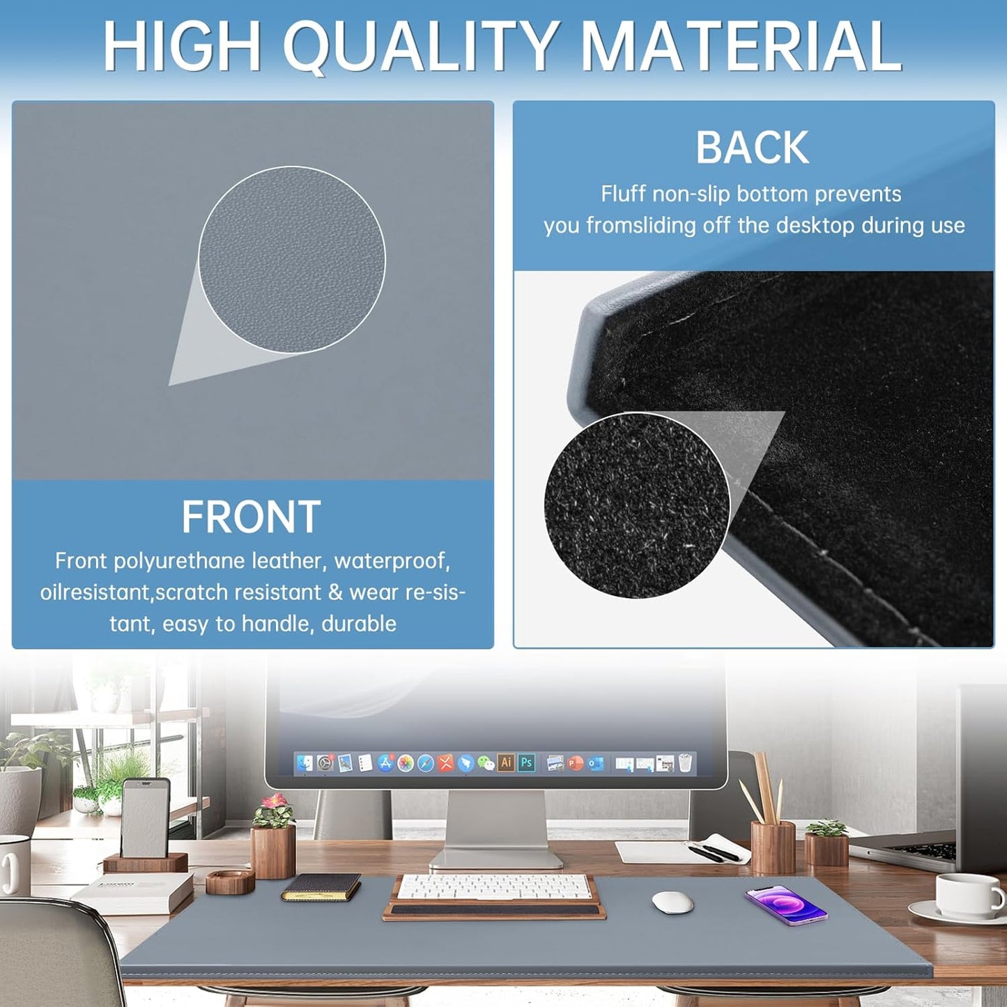 AKOZLIN 35.4"x 18.9" Soft PU Leather Surface Office Desk Mouse Mat Anti-Push Pad with Full Grip Fixation Lip Table Blotter Edge-Locked Protector Grey