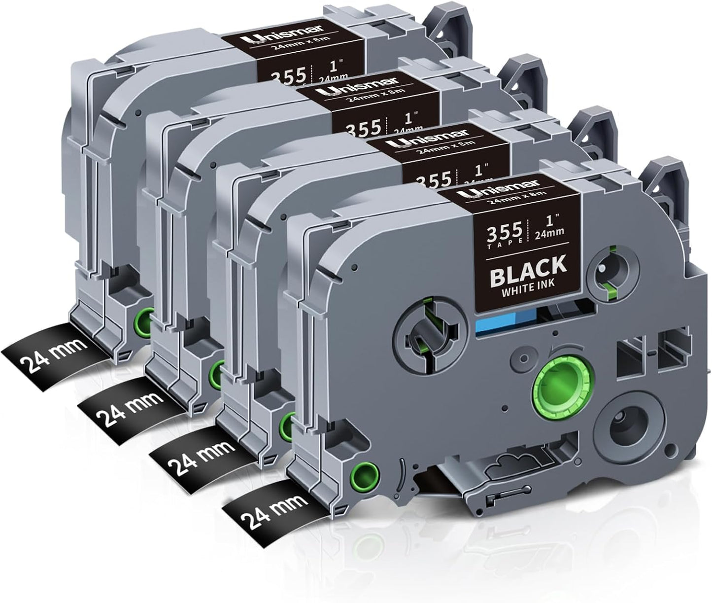 Unismar TZe-355 Compatible for Brother Ptouch 24mm 0.94 Laminated White on Black Label Tape TZ355 TZ Tape Work for PTD600 PT-P700 PT-2430PC PT-D600VP PT-D800W PT-P900W Label Maker, 1'' x 26.2', 4-Pack