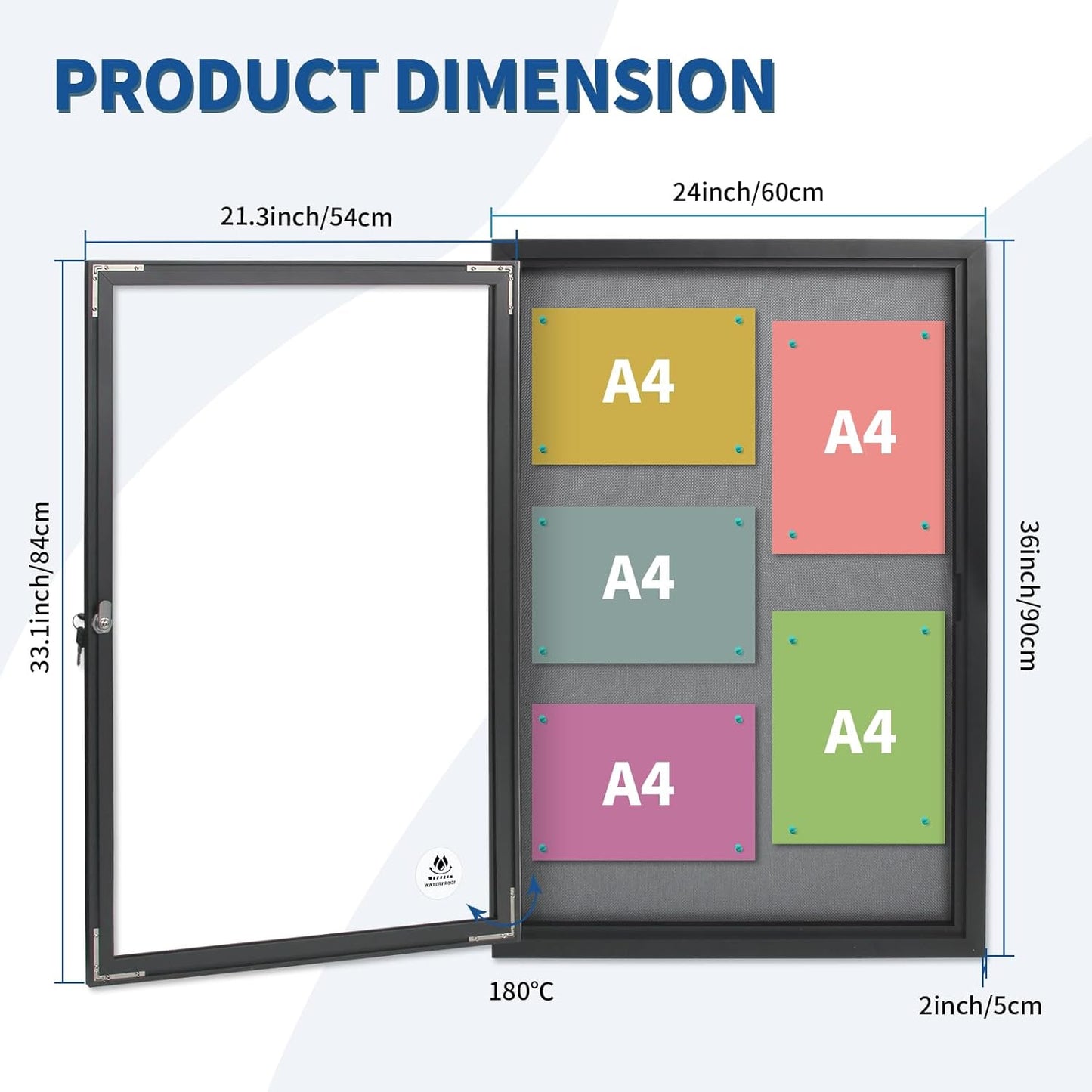 Lockable Outdoor Enclosed Bulletin Board,Weatherproof Cork Noticeboard with Locking Door, Wall-Mounted Aluminum Frame Display Case for Office, Home, School (Black Frame | Greyfelt Surface, 36x24 inch)