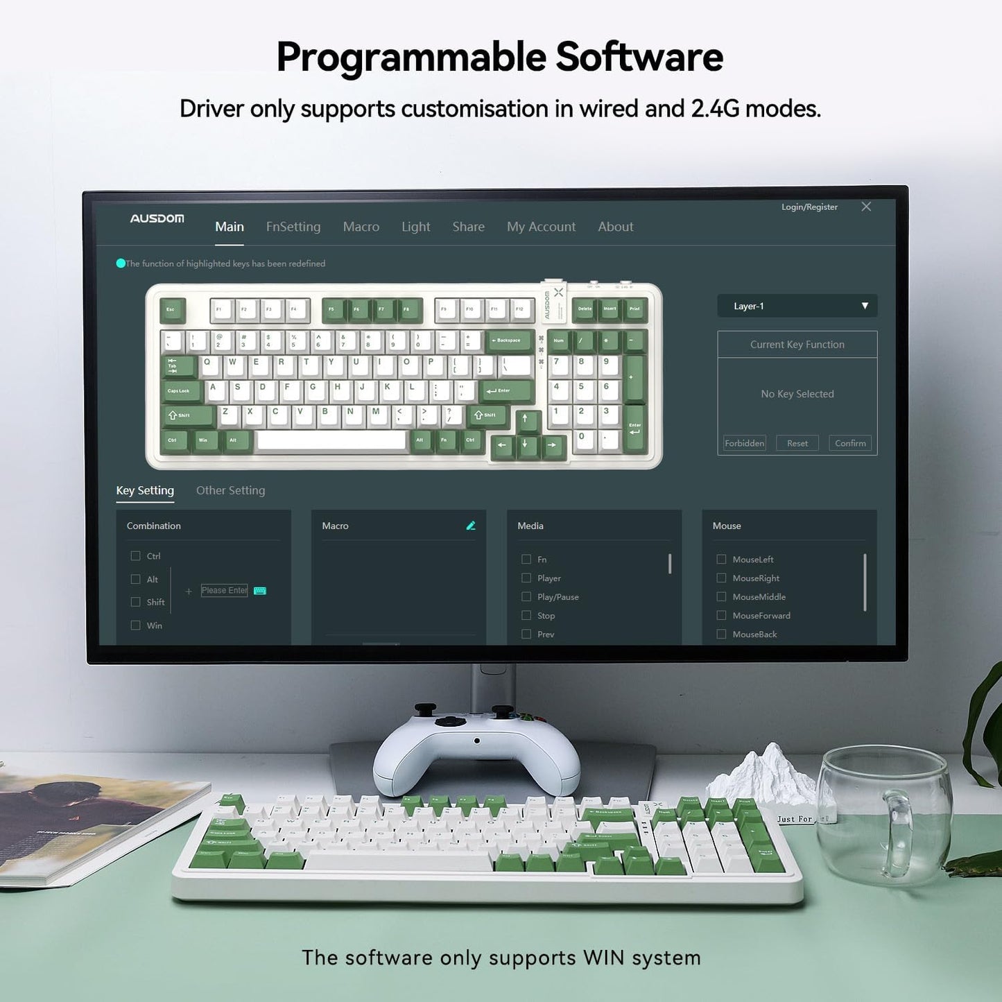 AUSDOM 98Pro Wireless Mechanical Keyboard, Tri-Mode BT/2.4GHz/USB-C Hot Swappable Custom Gaming Keyboard with Backlit, Gasket Structure, Linear Switches for Windows/Mac/PC (Green&White 97keys)