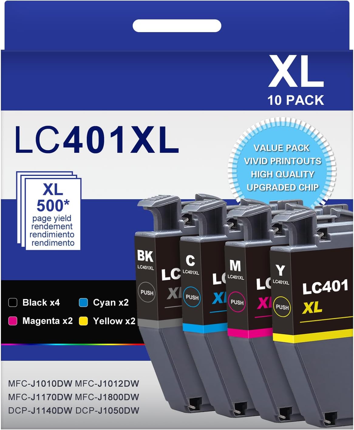 LC401XL LC401 High Yield MFC-J1010DW Ink Cartridges 10-Packs Compatible for Brother 401XL LC-401 Ink Cartridges Work with MFC-J1010DW J1170DW J1012DW J1800DW (4 Black, 2 Cyan, 2 Magenta, 2 Yellow)