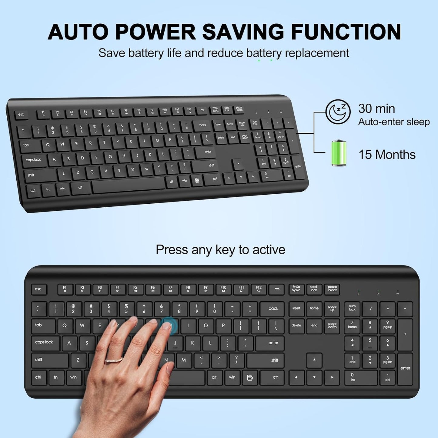 EDJO Wireless Keyboard, 2.4G Full-Sized Cordless USB Silent Computer Keyboard, Ergonomic Tilt Angle, Sleep Mode, Long Battery Life, for Windows, Mac OS Laptop/PC/Desktop/Notebook