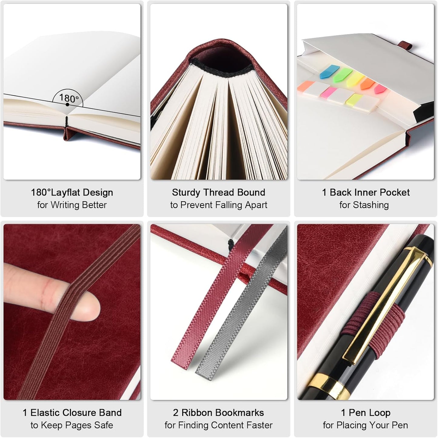 Graph Paper Notebook, 312 Numbered Pages A5 Hardcover Leather Journal, 100gsm No Bleed Grid Paper Notebook with Index Pages, Grid Notebook for Graphing Notes Math, 5.75" x 8.38", Burgundy