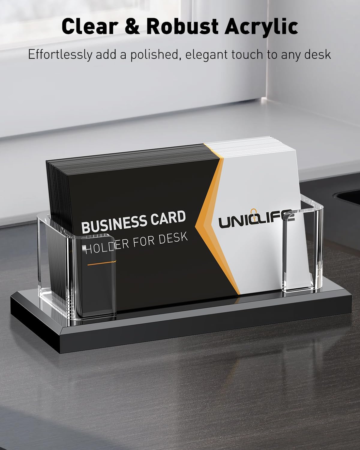 Uniclife Acrylic Business Card Holder for Desk 1 Slot Clear Horizontal Business Card Stand for Men & Women Desktop Name Card Display Stand Card Organizer for Office Home Exhibition, 60 Card Capacity