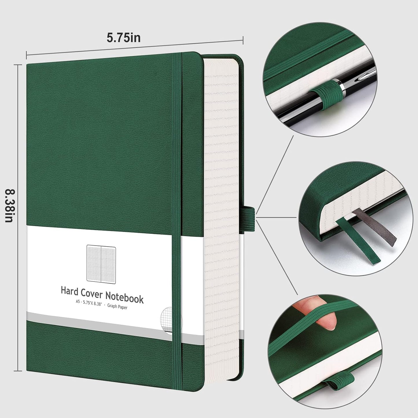 AHGXG Graph Paper Notebook - 320 Pages Grid Notebook Thick Journal A5, 100gsm Thick Graph Paper, Leather Hardcover, Inner Pocket,5.75'' × 8.38''- Green