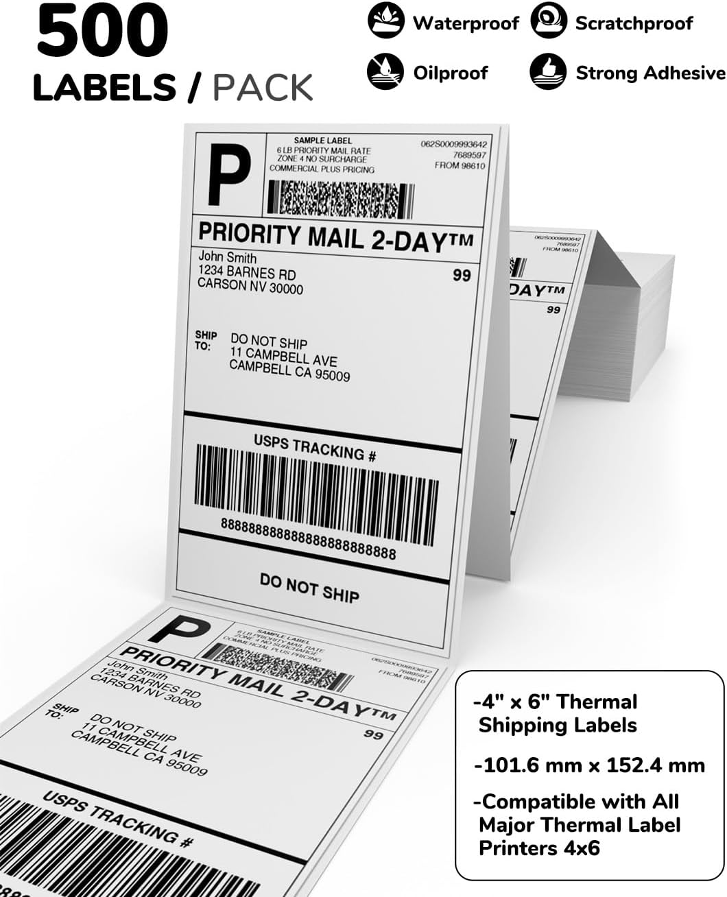 4x6 Thermal Shipping Labels for Thermal Printers - 500 Thermal Labels, Commercial Grade, Compatible with Multiple Thermal Shipping Label Printer, Ideal for E - Commerce & Logistics Business, White