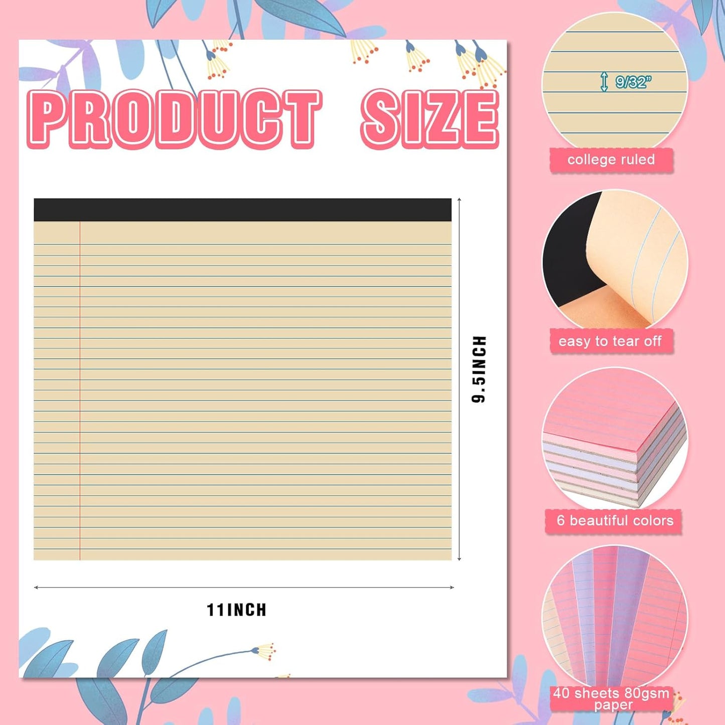 Lincia 6 Pcs 11" x 9.5" Legal Pads College Ruled Notepad Landscape Notebook Horizontal Lined Notebook 80 Gsm Assorted Colors Paper Pastel Writing Pads for School Office, 40 Sheet (Happiness Color)