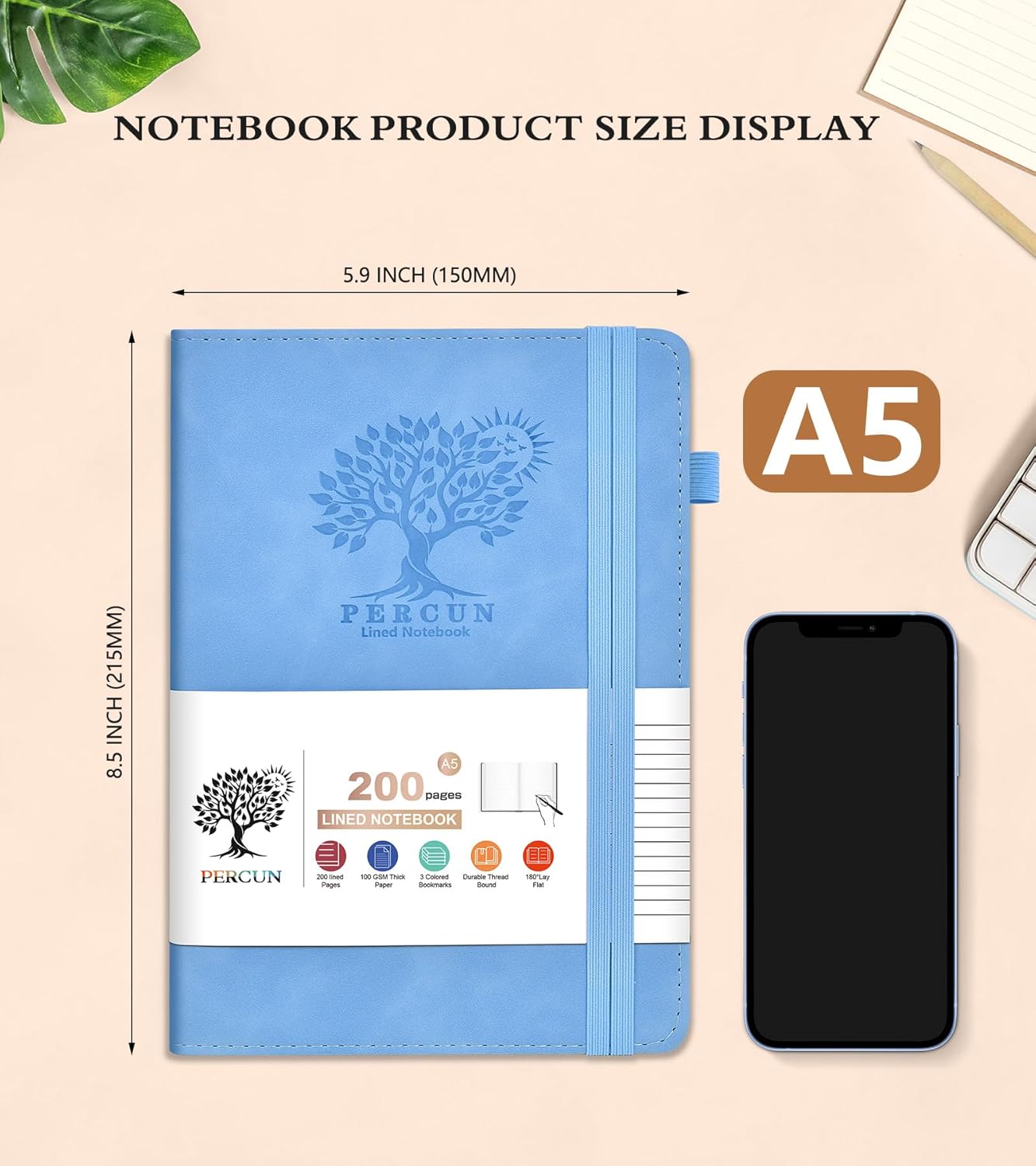 Lined Journal Notebook for Men & Women,200 Pages A5 Hardcover Leather Notebook (5.9"x8.5"), Travel Journal for Work, School, Business Writing, Note Taking, Notepad Diary (Blue)