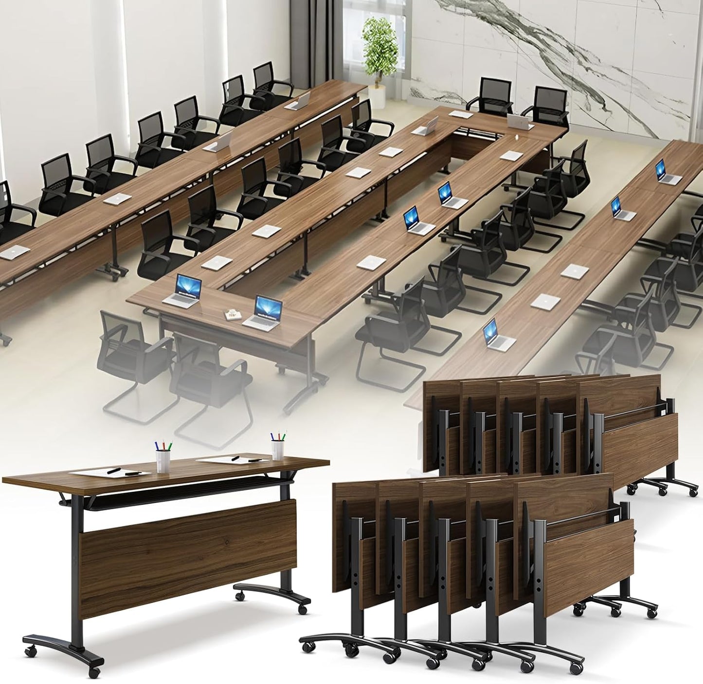 Folding Conference Room Table, Modern Conference Tables with Wheels, Large Rectangular Mobile Training Tables for Office Classroom, Foldable Modular Boardroom Seminar Table Walnut (10pack L70.9in)