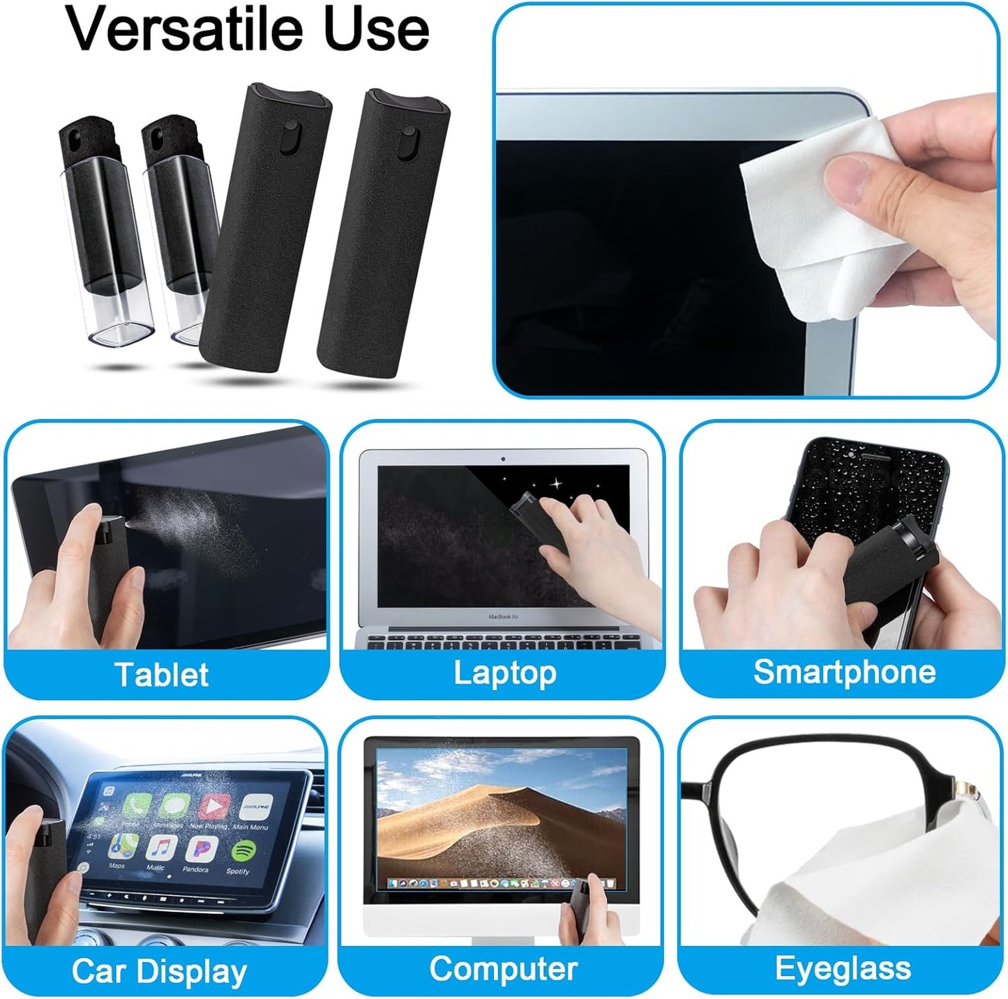 walrfid 4 Pack Screen Cleaner Spray and Wipe for Laptop Monitor and Car Screens, Phone Touchscreen Mist Cleaning Kit for Cellphone, Tablet, PC, Computer, LCD, MacBook, iPhone, iPad, Mac Pro - Black
