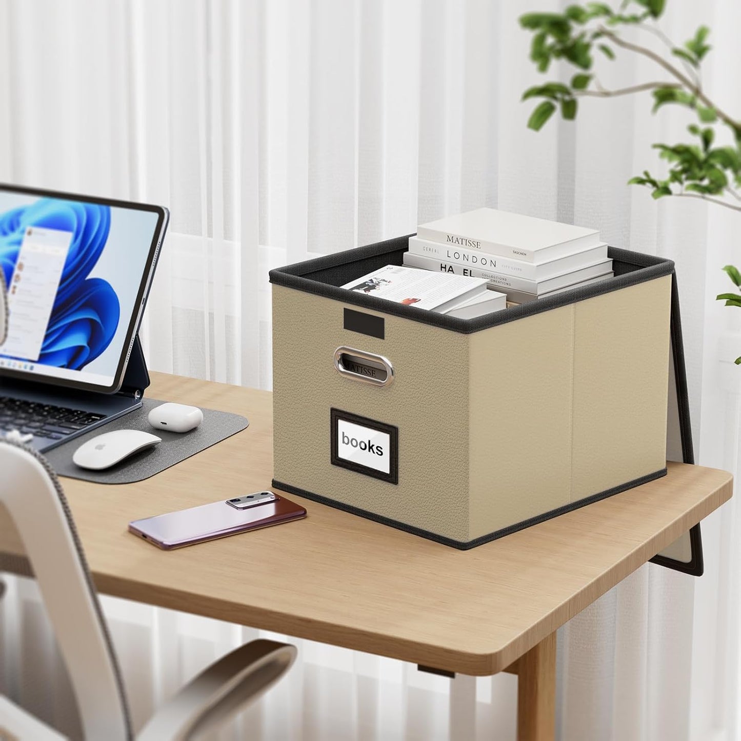 Huolewa Portable Leather File Organizer Boxes with Lids, Office Document Boxes Organizer, Filing Boxes, Decorative Small File Boxes for Hanging Files with Plastic Slide for Office/Decor/Home