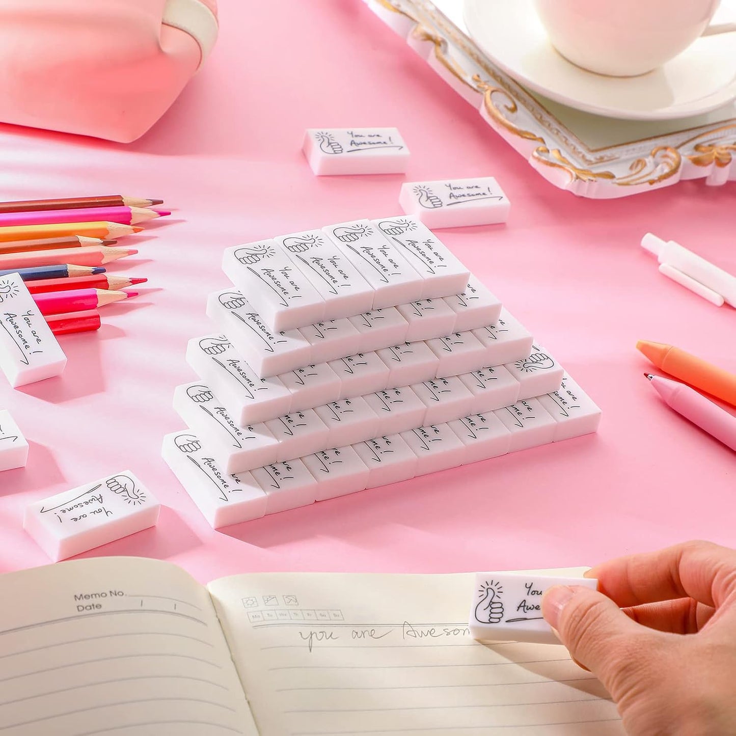 Fuutreo 100 Pcs Welcome Back to School Gifts for Students Inspirational Pencil Erasers Bulk You are Awesome White Cute Fun Erasers First Day of School Gifts Classroom Prizes from Teachers