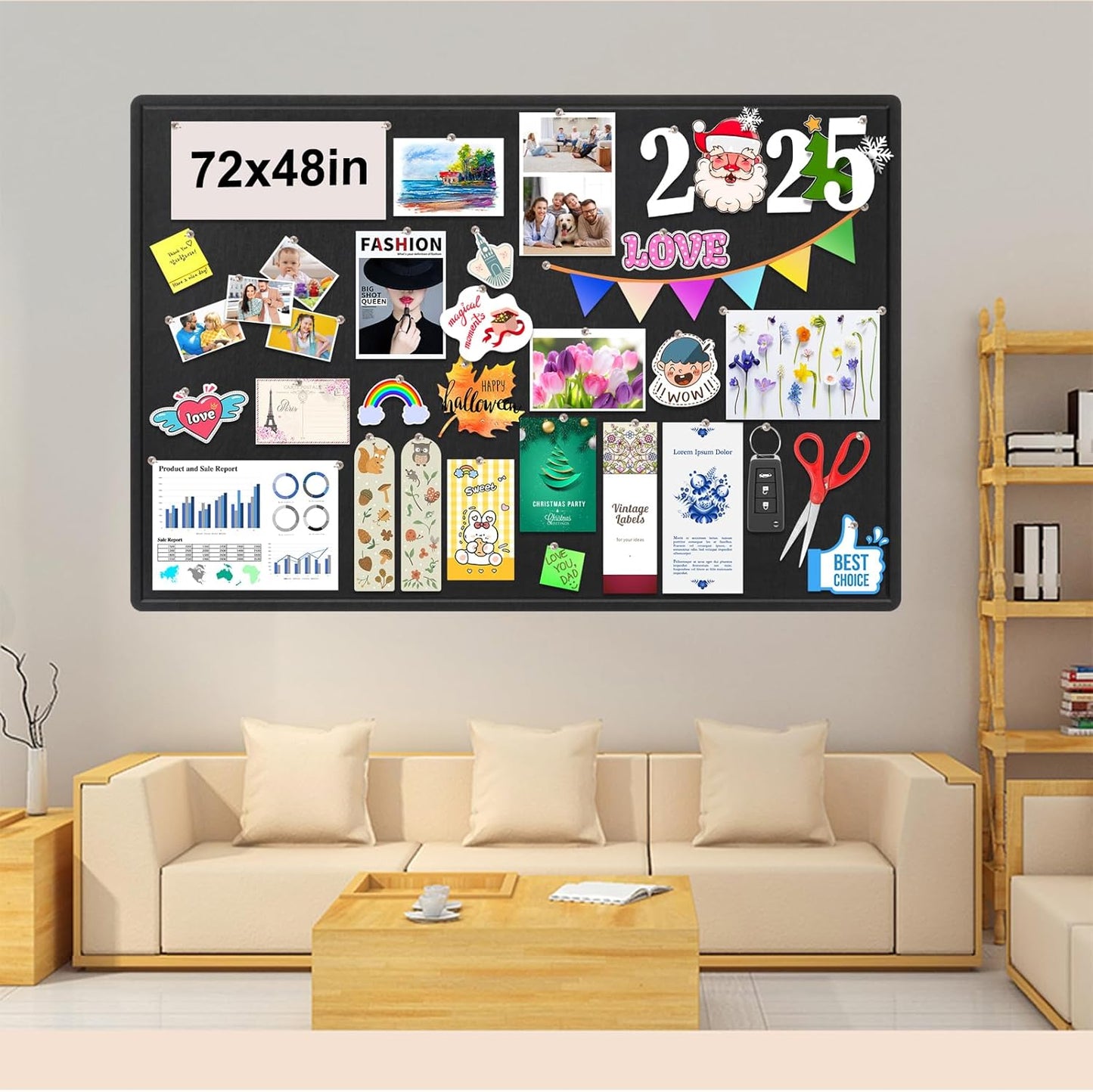 Large Bulletin Board, Foldable 72x48 Inches Cork Board Alternative, Large Felt Board Decorative Pin Board for Wall, Foldable Photo Board Self-Adhesive Vision Board with 36 Pushpins Black