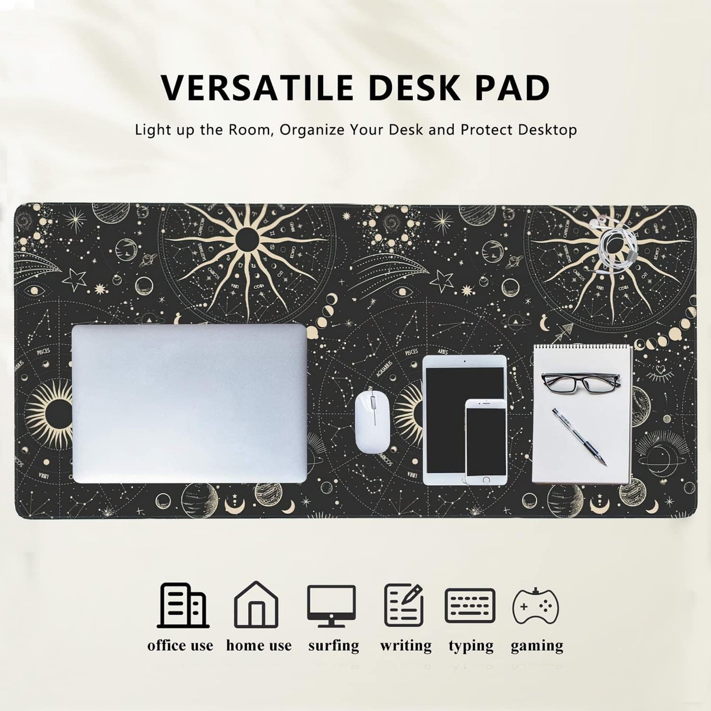 Vintage Moon Phases Extended Gaming Mouse Pad Large Desk Mat with Non-Slip Rubber Base and Stitched Edges,Keyboard Mouse Mat Desk Pad for Work,Game,Office,Home 35.4 * 15.7 Inch