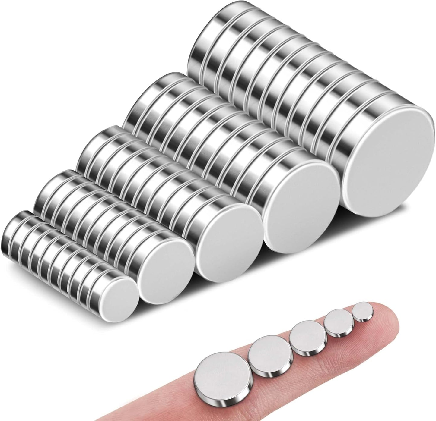SMARTAKE 50 Pcs Rare Earth Magnets, 5-Size Small Round Fridge Magnets, Multi-Use Premium Office Magnet for Fridge, Office, Whiteboard, Crafts, DIY Hobbies, Kitchen, Science(Silver)